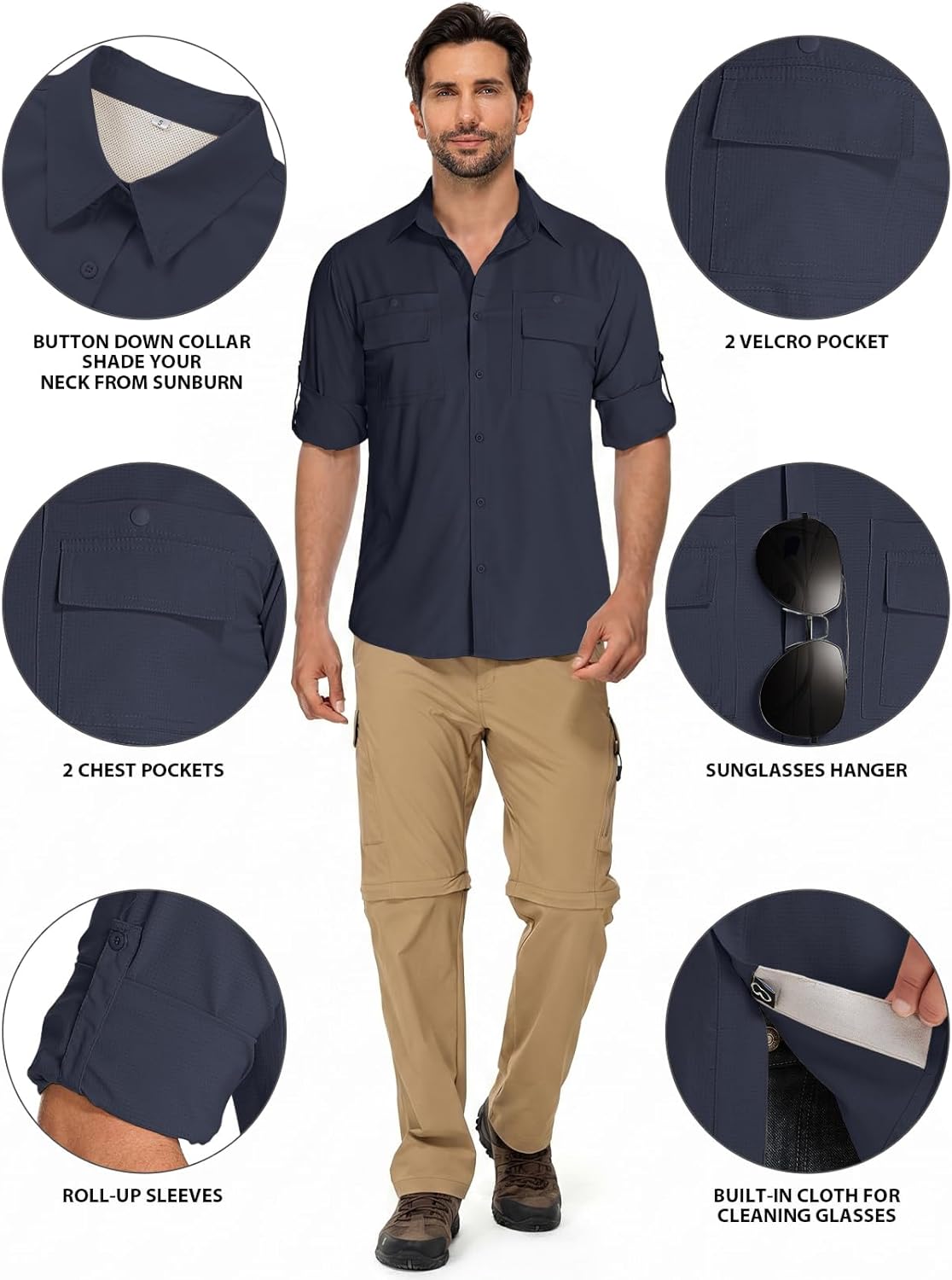 Men's Safari Sun Protection Shirts Long Sleeve Travel UPF 50+ UV Quick Dry Cooling Fishing Camping Hiking Button Down Shirts
