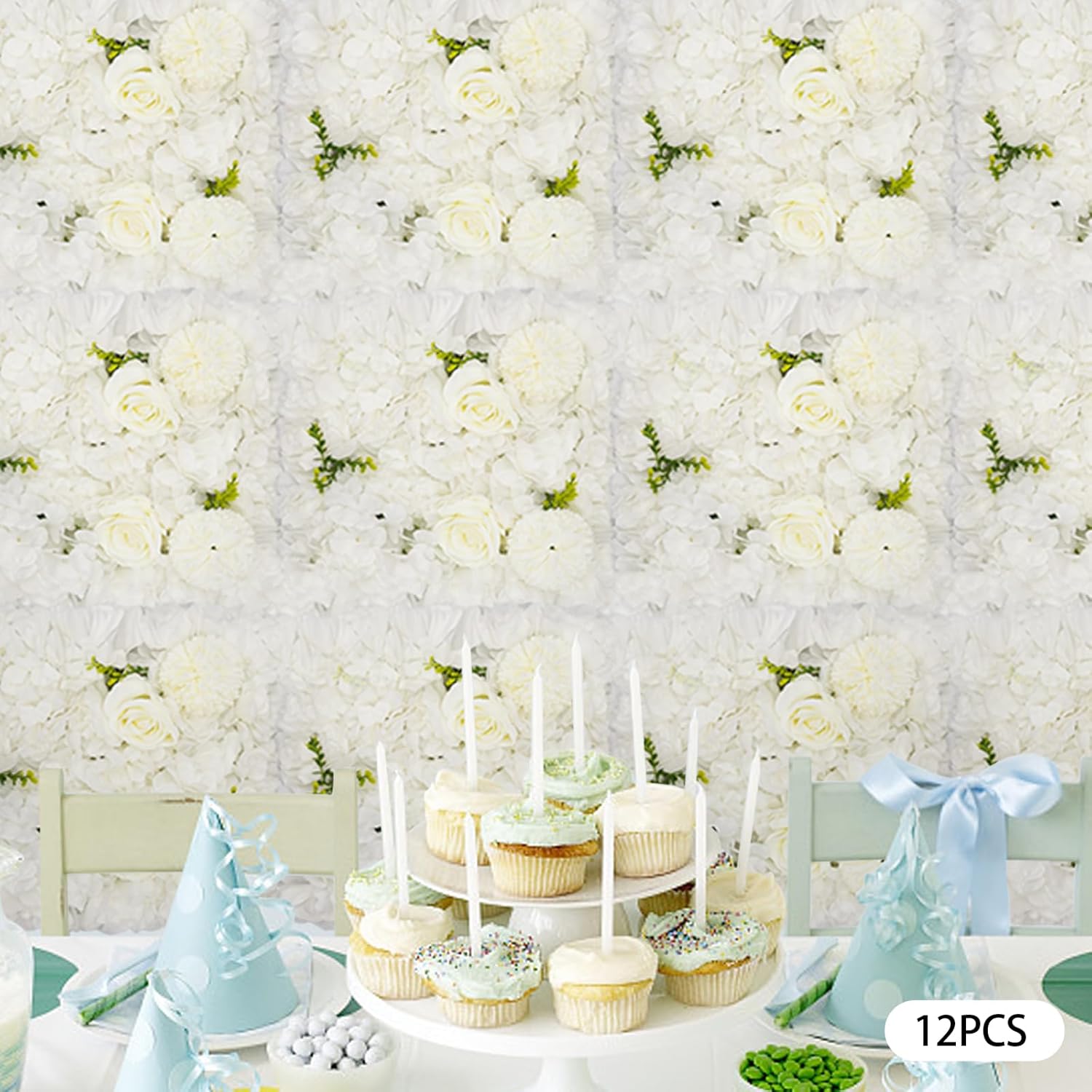PERFERATE 12Pcs Flower Wall Panel Set 15x15 Inch Artificial Silk Flower Wall Backdrop 3D Rose Hydrangea Floral Mat Wedding Backdrop Wall, Photo Background, Home Party (White, 15 × 15")