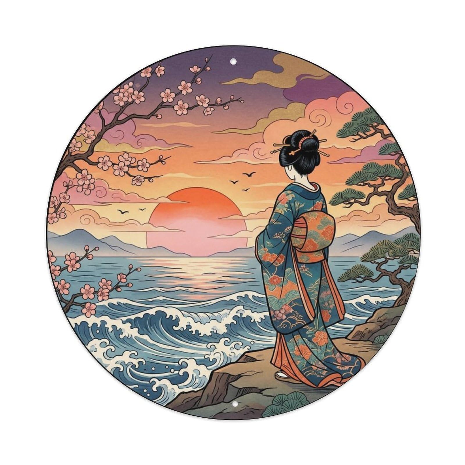 Japanese Geisha Seaside Sunset Ocean Horizon View Metal Tin Sign