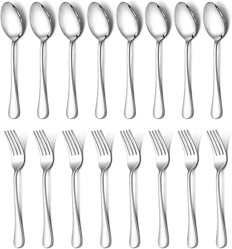 E-far Juego de 16 tenedores y cucharas, cubiertos de acero inoxidable para el hogar, cocina, restaurante, metal de grado alimenticio y diseño
