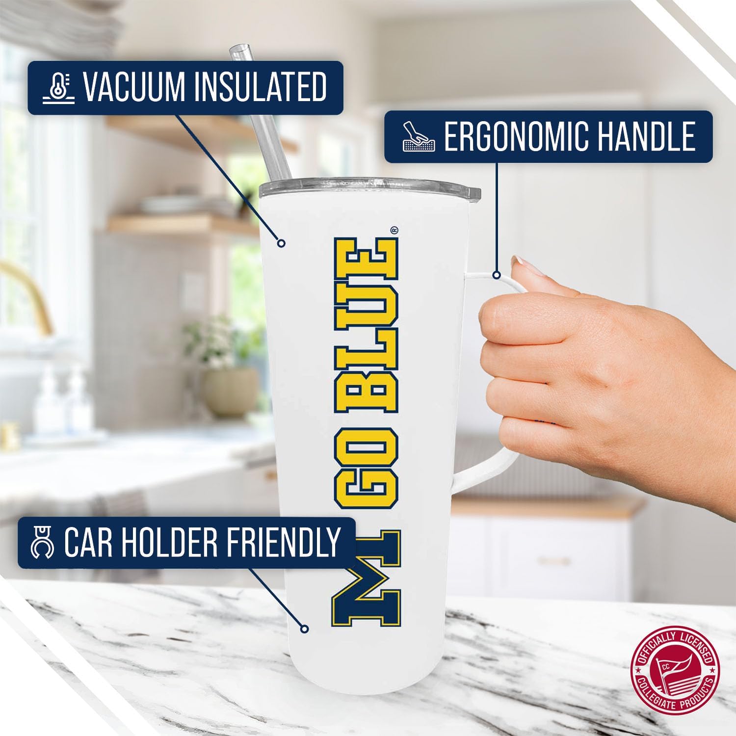 Campus Colors NCAA Stainless Steel 20oz Roadie With Handle & Dual Option Lid With Straw - Officially Licensed Tumbler (Michigan Wolverines - White) - Image 3