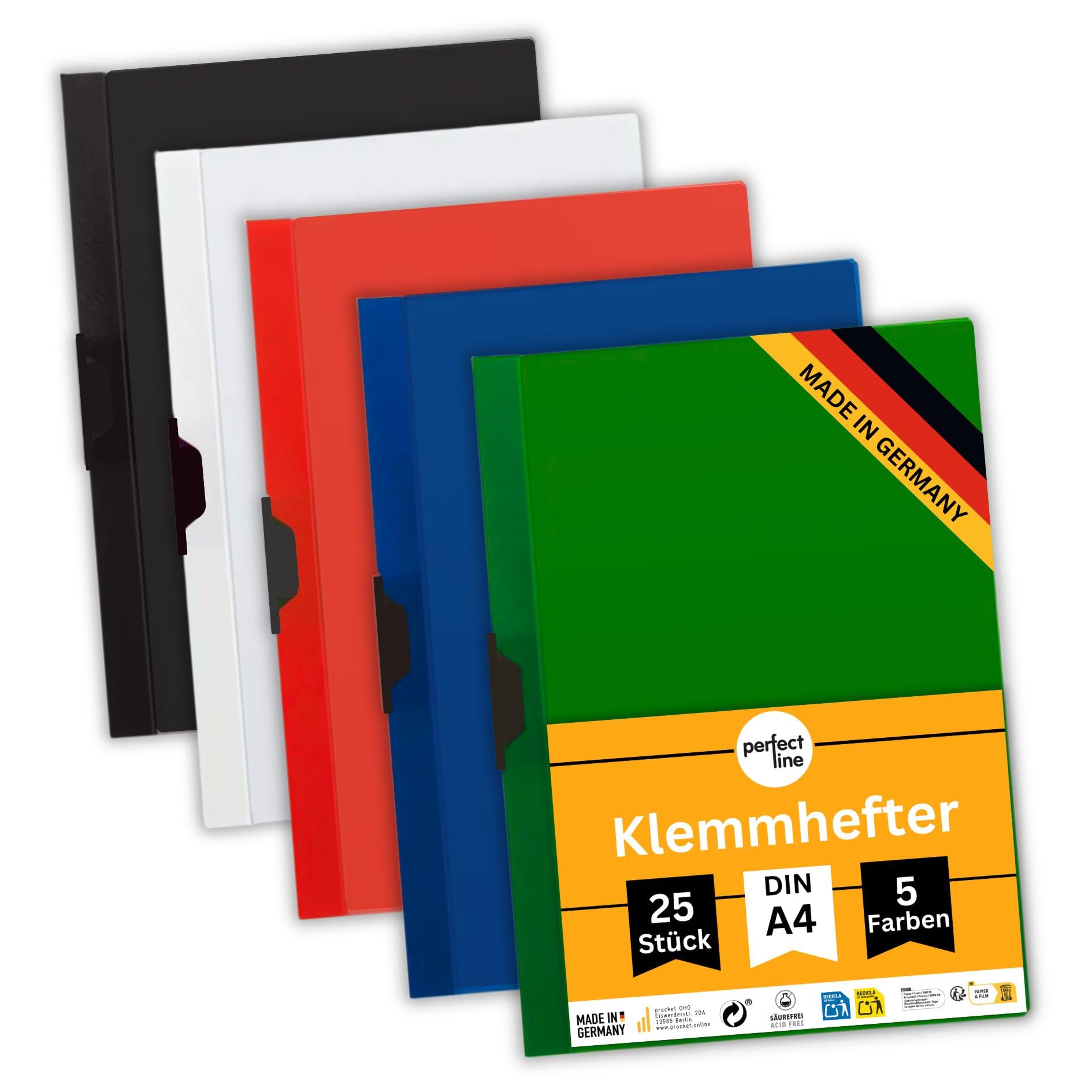Perfect Line - Lot De 20 Chemises De Classement Rapides A4, 5 Couleurs, Plastique PP Recyclé, Made In Germany Perfect Line - Lot De 20 Chemises De Classement Rapides A4, 5 Couleurs, Plastique PP Recyclé, Made In Germany