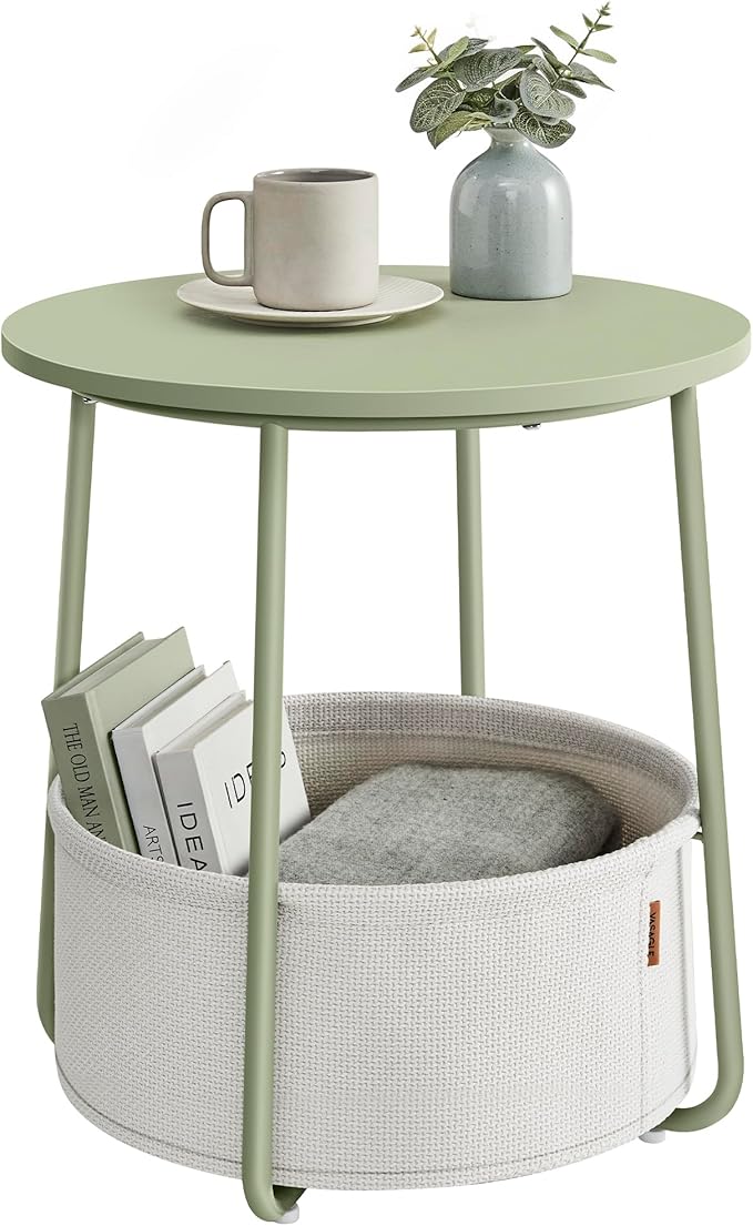 VASAGLE End Table, Small Bedside Table with Fabric Basket, Modern Nightstand, Round Side Table, for Living Room, Bedroom, Laurel Green and Cream White ULET223C69