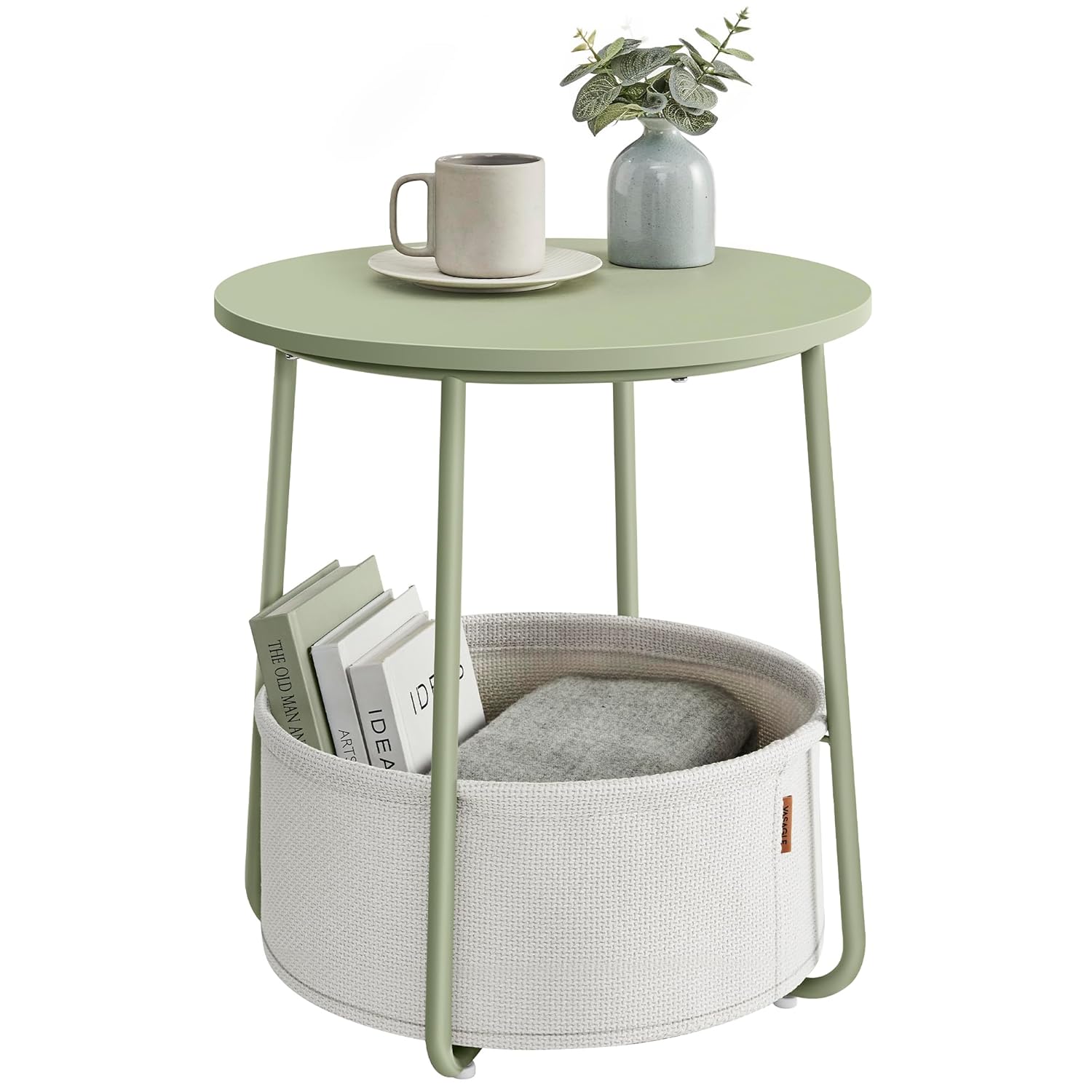 VASAGLE LILEA Collection - Small Round Side End Table Modern Nightstand with Fabric Basket Laurel Green and Cream