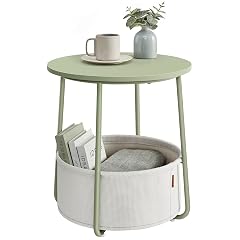 VASAGLE LILEA Collection - Small Round Side End Table Modern Nightstand with Fabric Basket Laurel Green and Cream