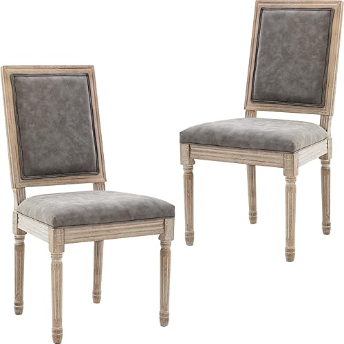 LZAREAL Juego de 2 sillas de comedor de cuero rústico francés con respaldo cuadrado de poliuretano, sillas de cocina tapizadas sin brazos para