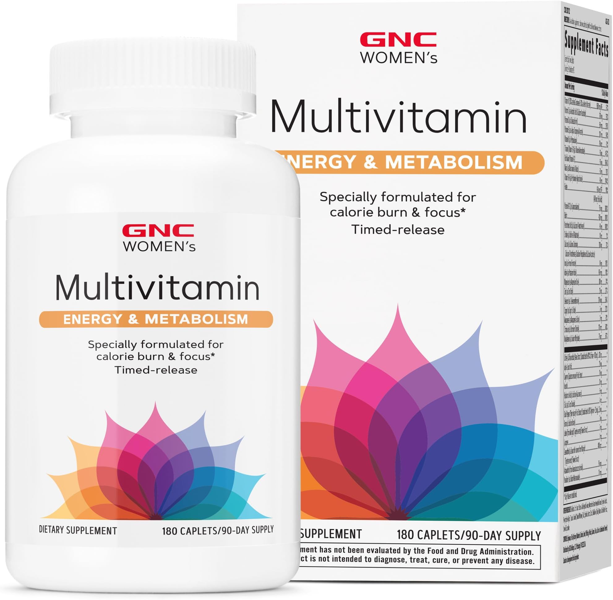 Women’s Energy and Metabolism Multivitamin Caplets, Clinically Proven, Calorie Burn, Focus, 100mg Caffeine, Active Nutrition, Immune, Bone, Beauty, Iron, Biotin, Timed Release, 180 ct, 90 svgs