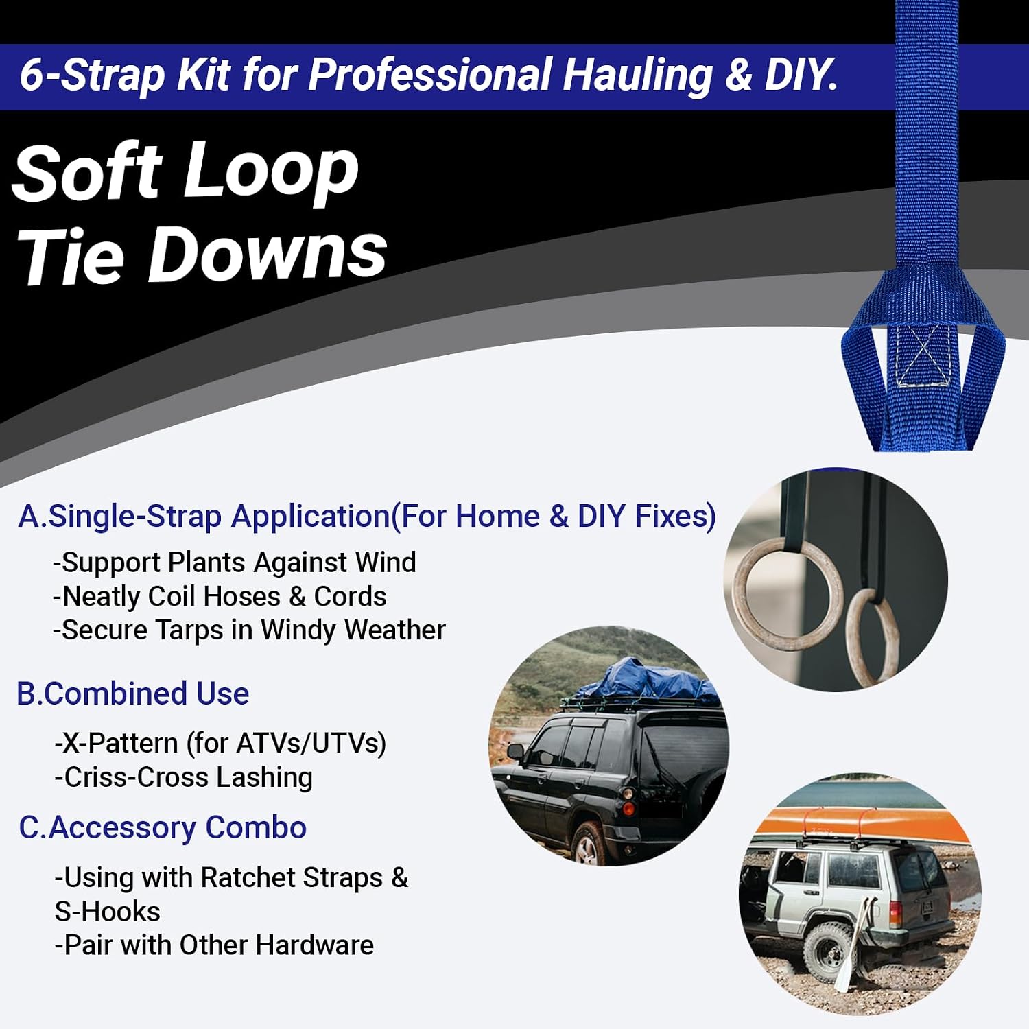 LINKNEX Soft Loop Tie Down Straps 6 Pack 1500 lbs, Heavy Duty Motorcycle Tie Down Straps with Reinforced Loops for ATV UTV Dirt Bike Scooter, 1,500 lb Load Capacity 4,500 lb Break Strength