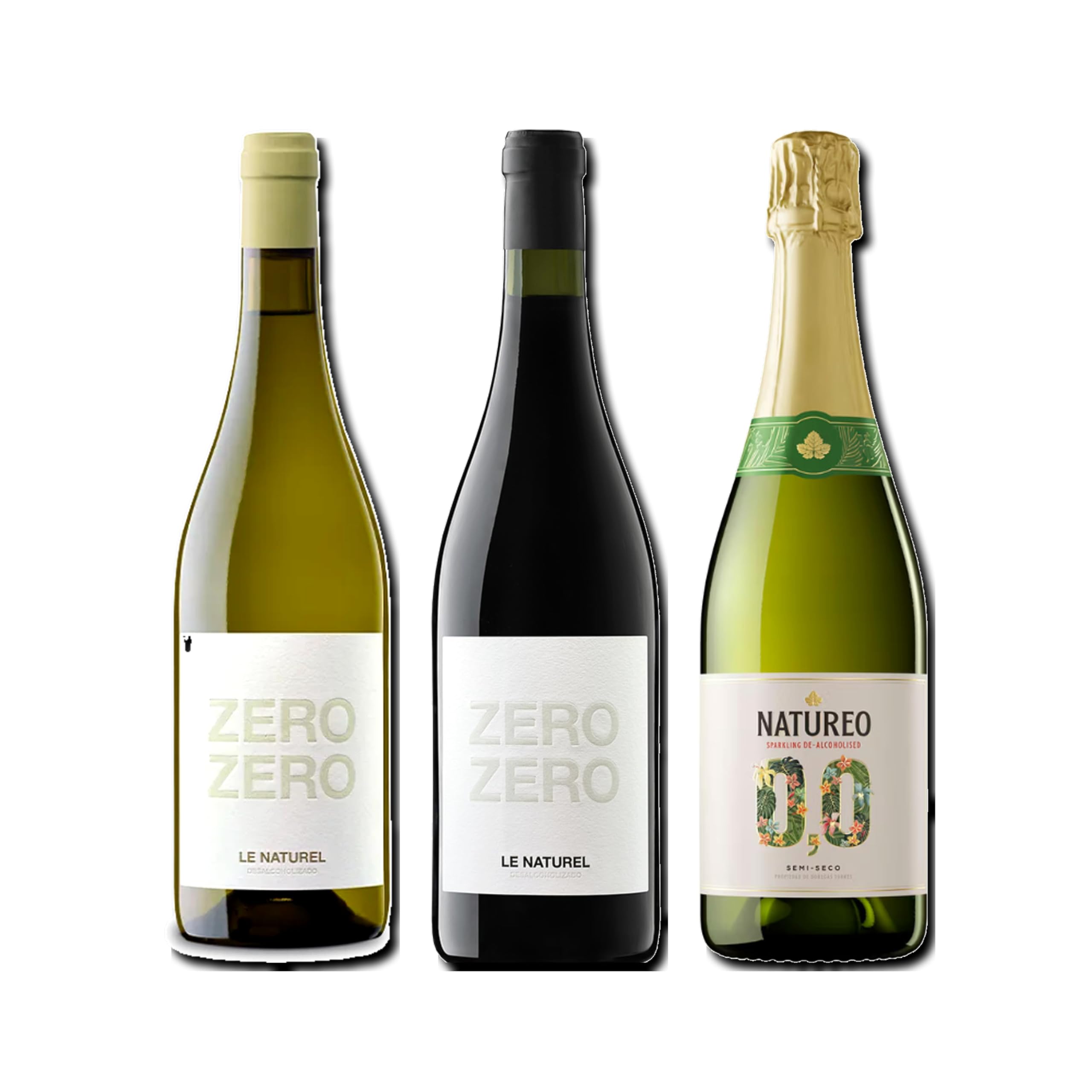 vino sin alcohol 0,0 Zero Zero Le Naturel Blanco, Le Naturel Zero Zero Tinto y Natureo Sparking 0,0 pack de 3 botellas 75cl