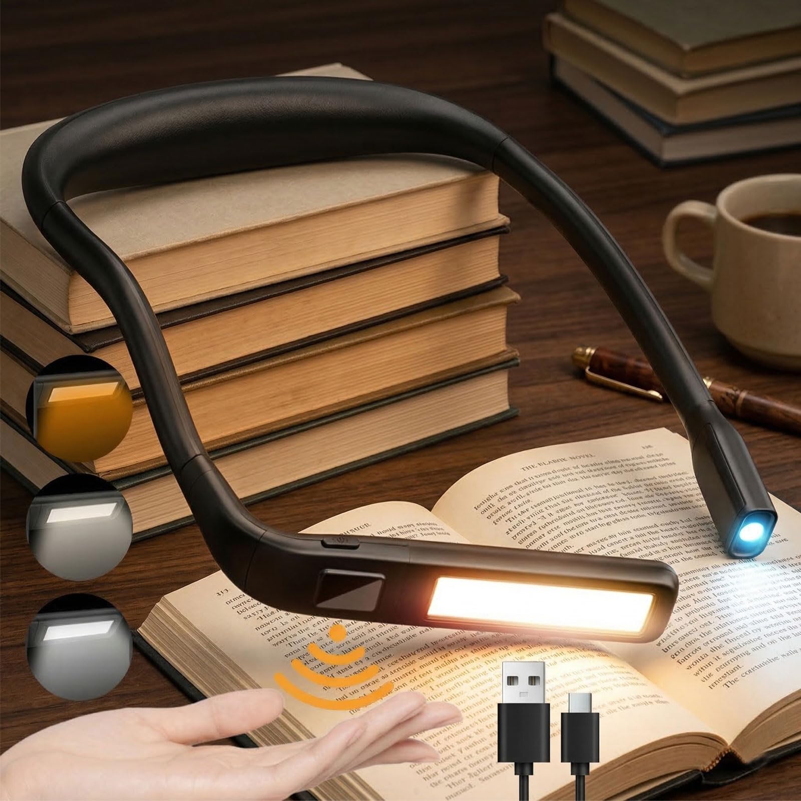 Tomshine Reading Fishing Light with Gesture Sensor Control 3 Color Adjustable Neck Book Light 2000mAh Rechargeable Portable Headlamp for Camping Outdoor