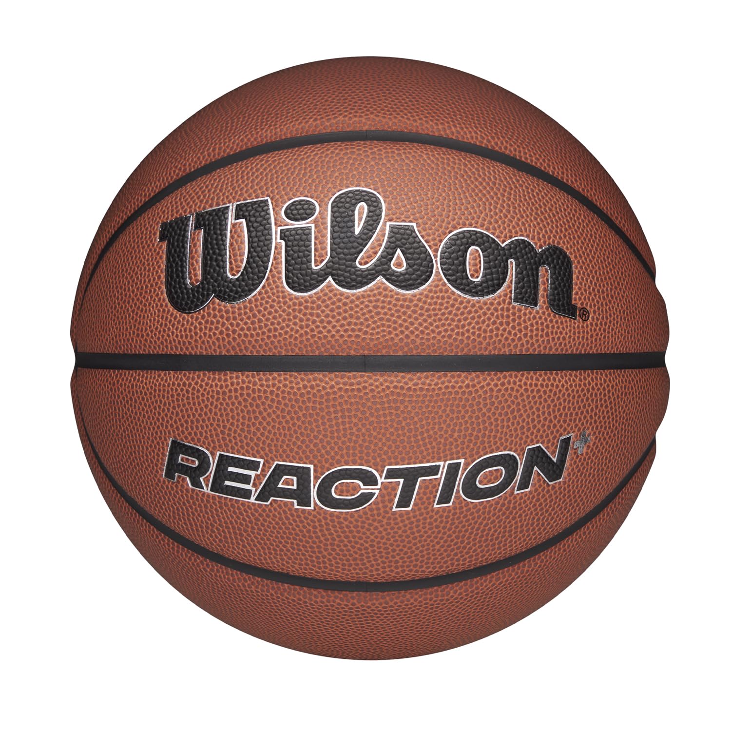 Wilson Pallone da Basket Reaction Plus, In Materiali Compositi Resistenti con Design a Canali Profondi, Marrone/Argento, Misura 5