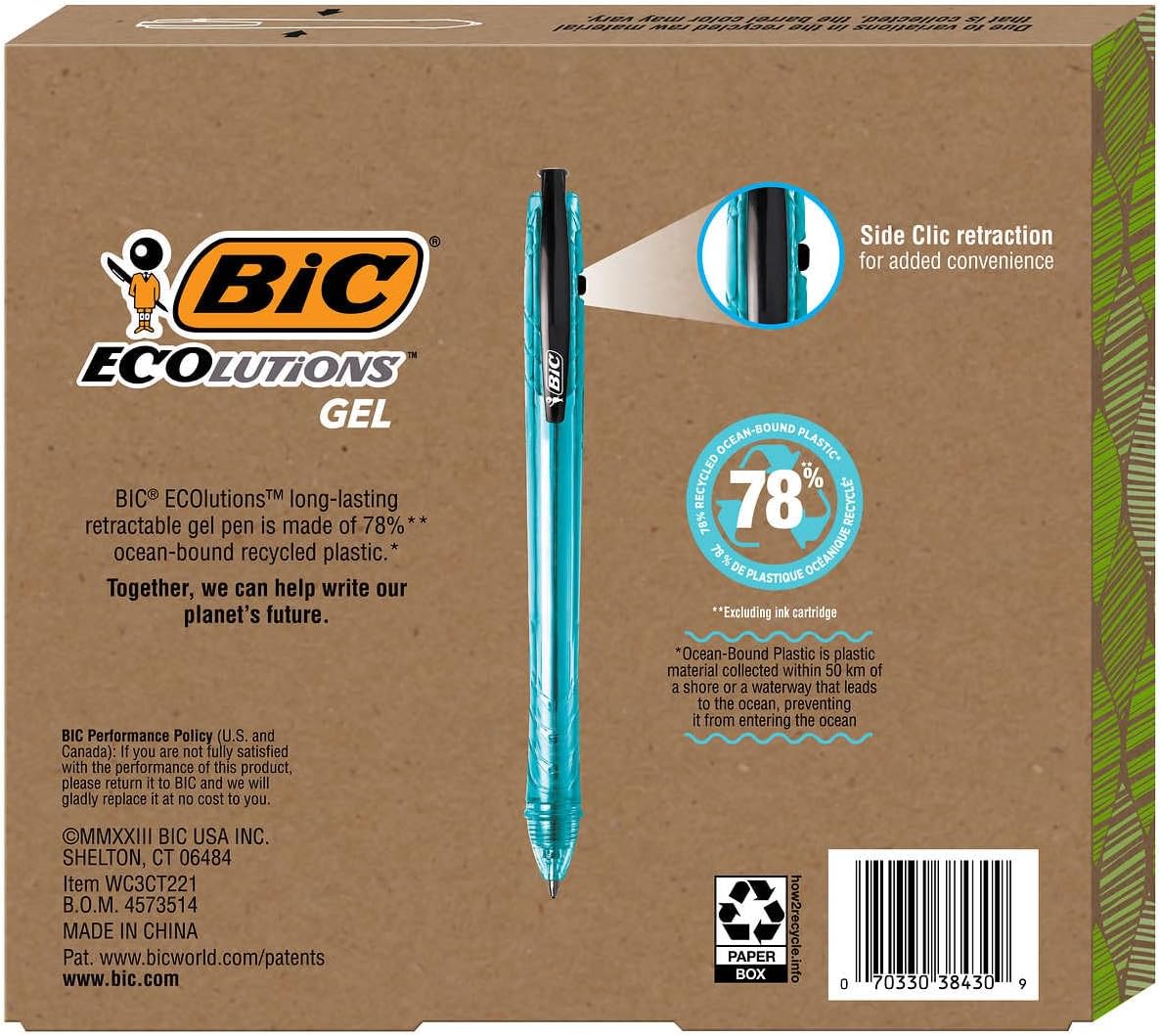 BIC Ecolutions Ocean-Bound Retractable Gel Pens, Medium Point 1.0mm, Assorted Ink, 15 Count
