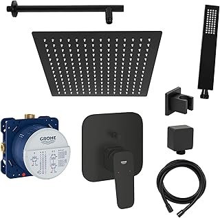 vanvilla Duschsystem mit Unterputz Duscharmatur von Grohe Cubeo Einhandmischer und vanvilla Regendusche mit Armatur, Duschkopf eckig, Dusch-SET GS22 schwarz matt