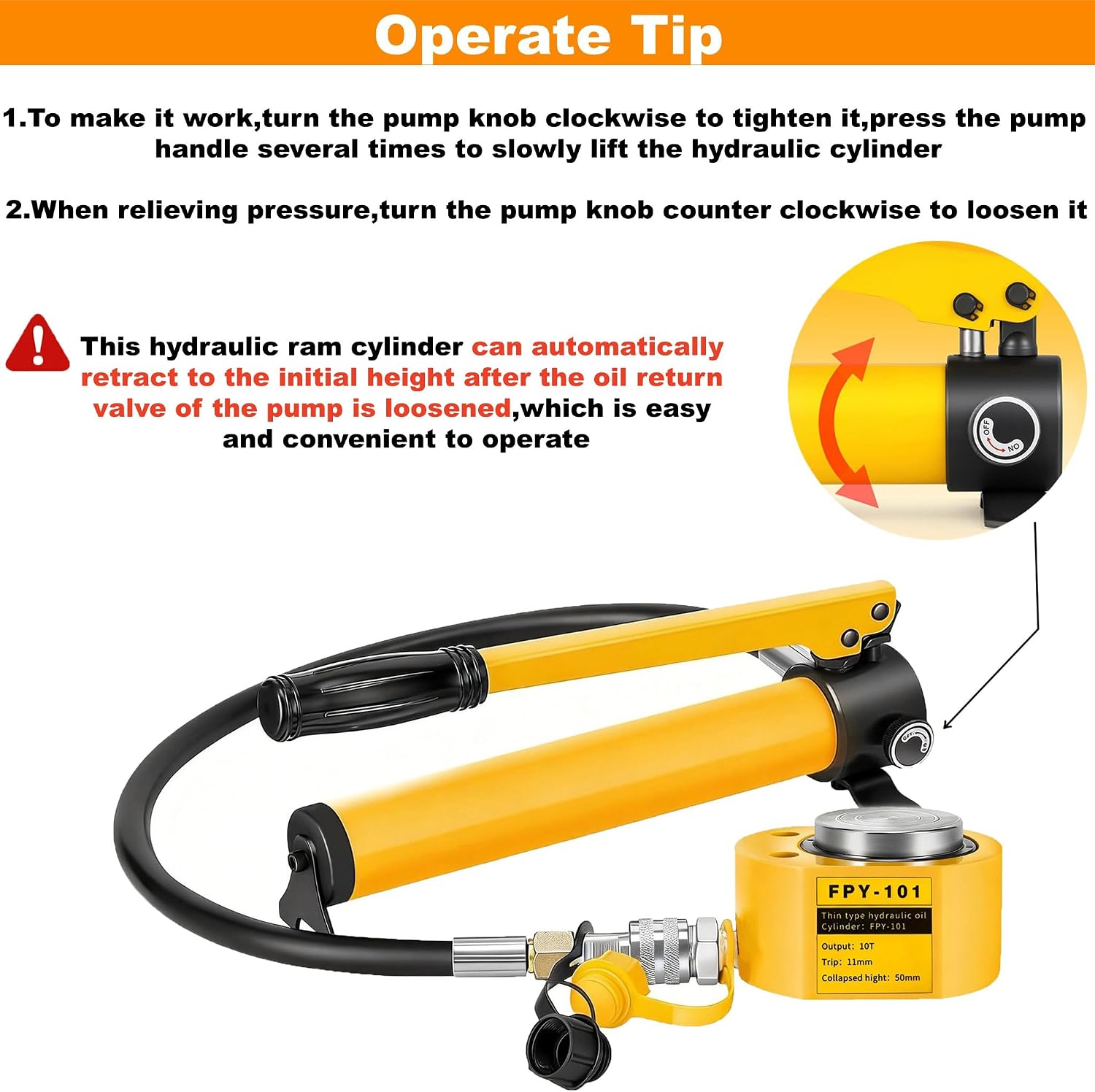 10T Hydraulic Cylinder Jack Porta Power Ram Kit with CP-180 Hydraulic Hand Pump 11mm/0.43' Stroke Single Acting Lifting Cylinder Retract Automatically for Machinery Shipbuilding Bridge Construction