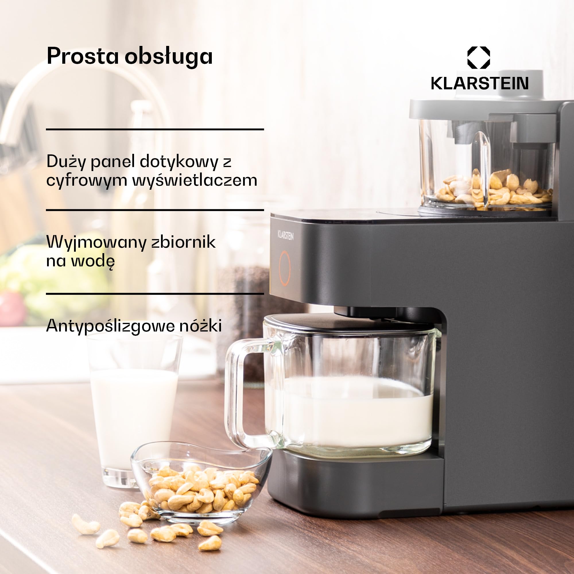 Klarstein Blender, Blender kielichowy 300 W silnik i 1250 W moc grzania, wysokiej mocy do mleka roślinnego, do smoothie z technologią 360°, 30 000 obr/min, Ekran dotykowy, Czarny