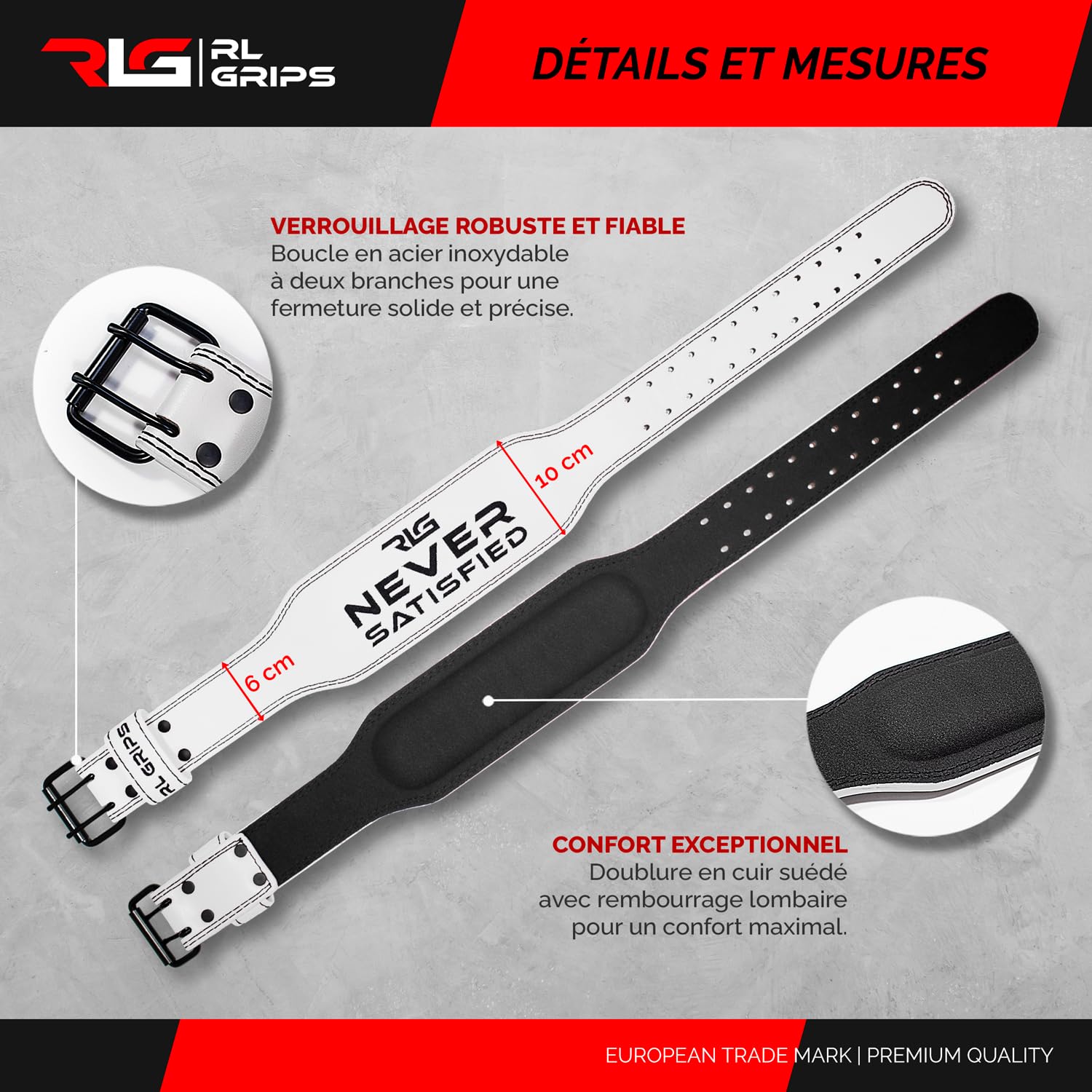 RL Grips - Ceinture de Musculation en Cuir pour Haltérophilie - Soutien Lombaire Musculation Homme Femme - Ceinture Powerlifting Fitness Force