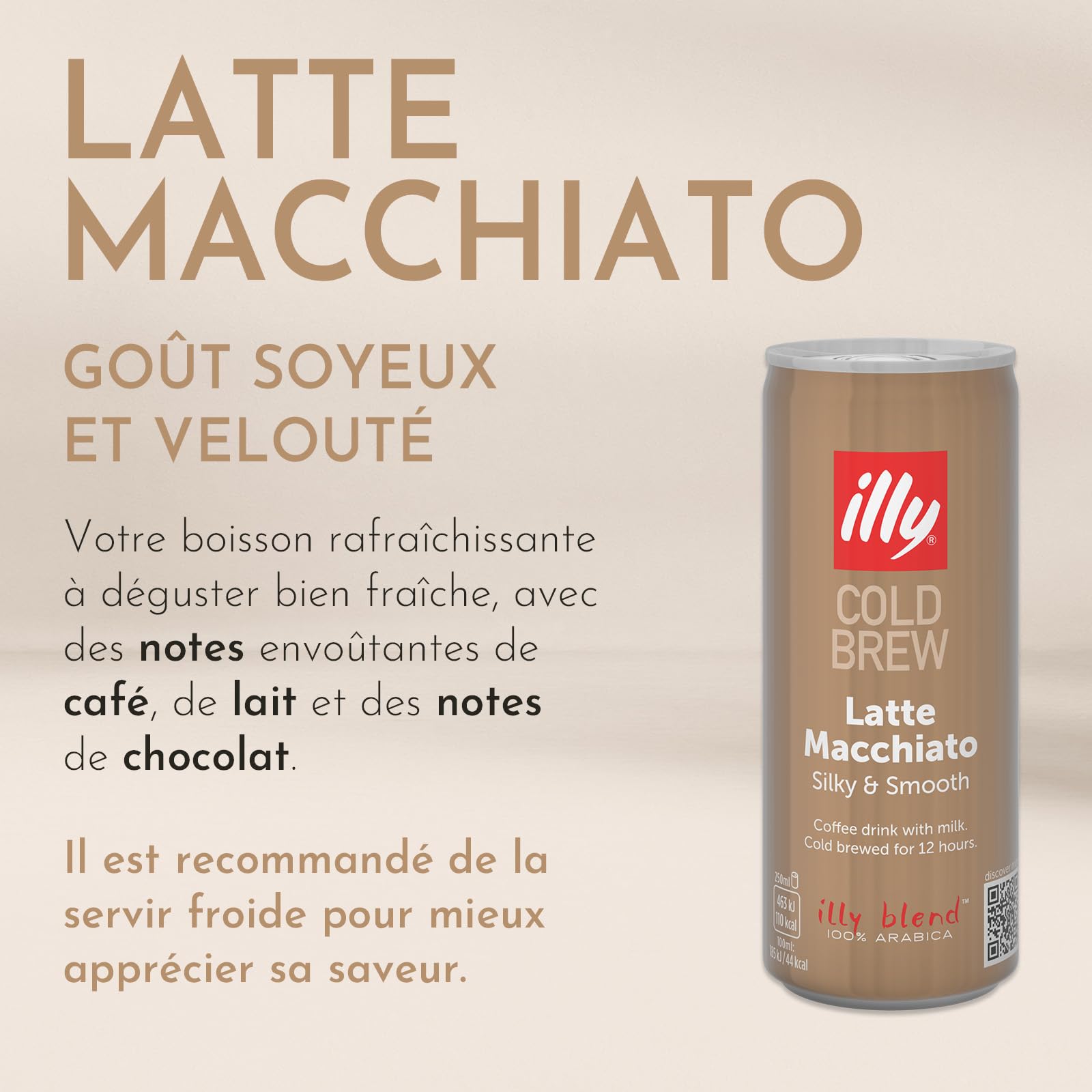 illy, Café Cold Brew Ready to Drink Latte Macchiato, 100% Arabica avec des Notes de Café, de Lait et des Notes de Caramel, Goût soyeux et velouté, Pack de 12 Cannettes (12 x 250ml)