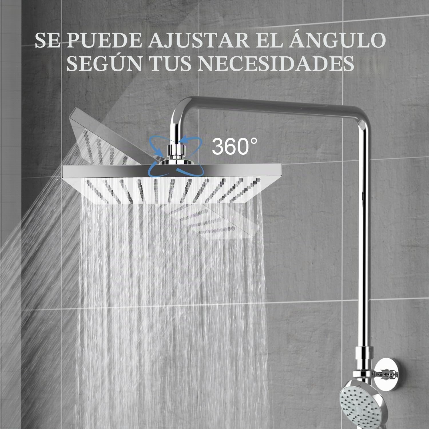 AiQInu Alcachofa de ducha cuadrado de 20cm con efecto lluvia, ajustable, ahorro de agua con boquillas antical, cabezal de ducha de cascada de acero inoxidable, diámetro de 20 cm, Plata