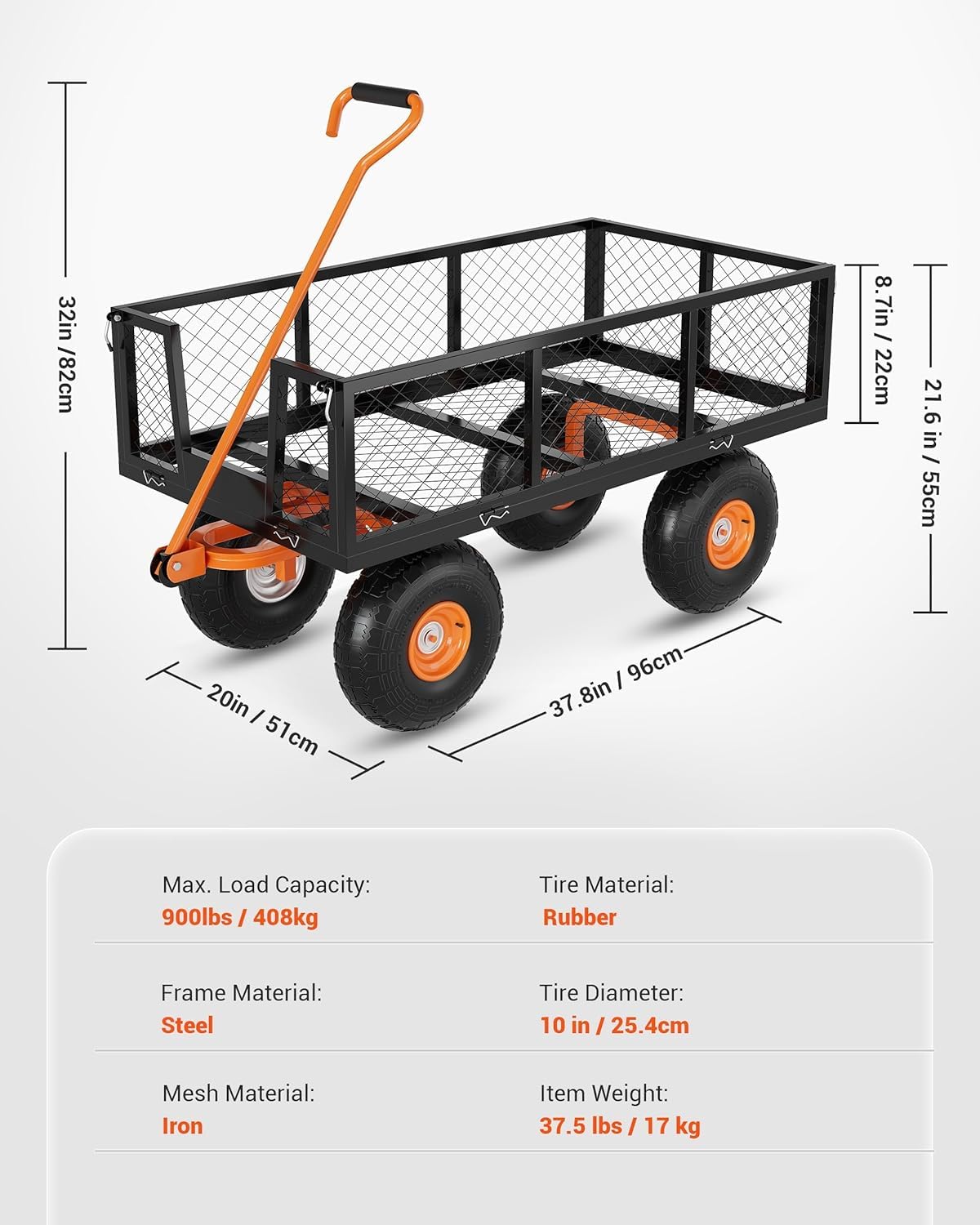 Zstar Brouette Chariot de Jardin en Acier Résistant Capacité 900 LB, Parois Latérales Amovibles, Roues 25 cm, Utilisation Extérieure sur Pelouse et Cour, Couleur Noir Orange
