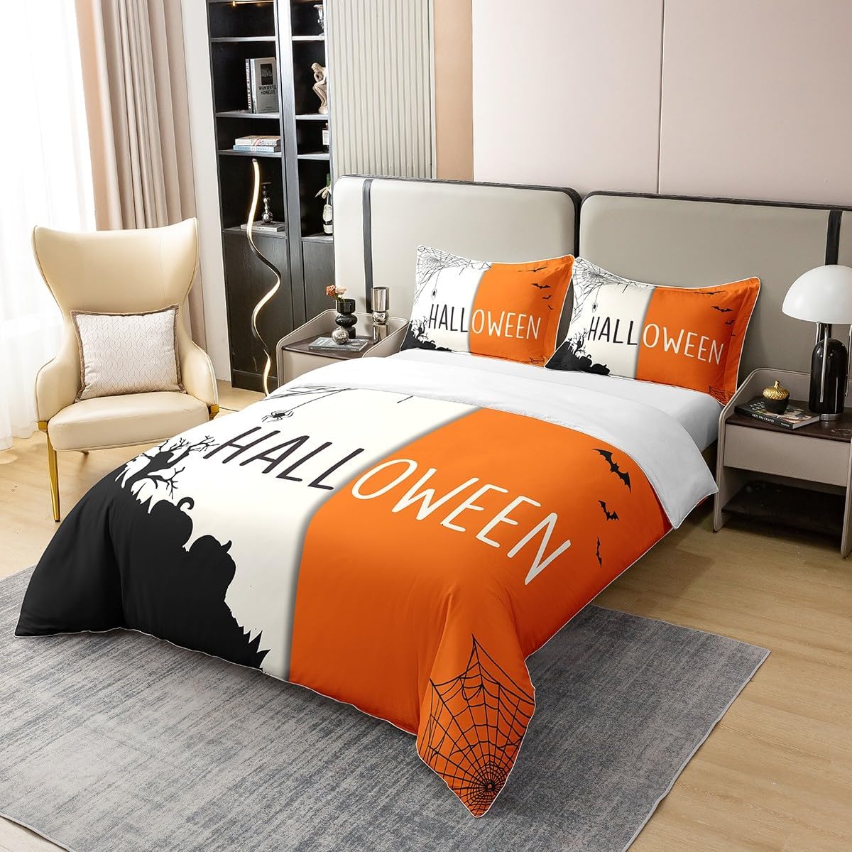 jejeloiu Halloween Duvet Cover 100% Cotton for Kids Boys Girls Vintage Halloween Comforter Cover Set King Size Fall Halloween Bedding Set BedGraveyard Orange Bedspread Cover Bedding Collection 3Pcs