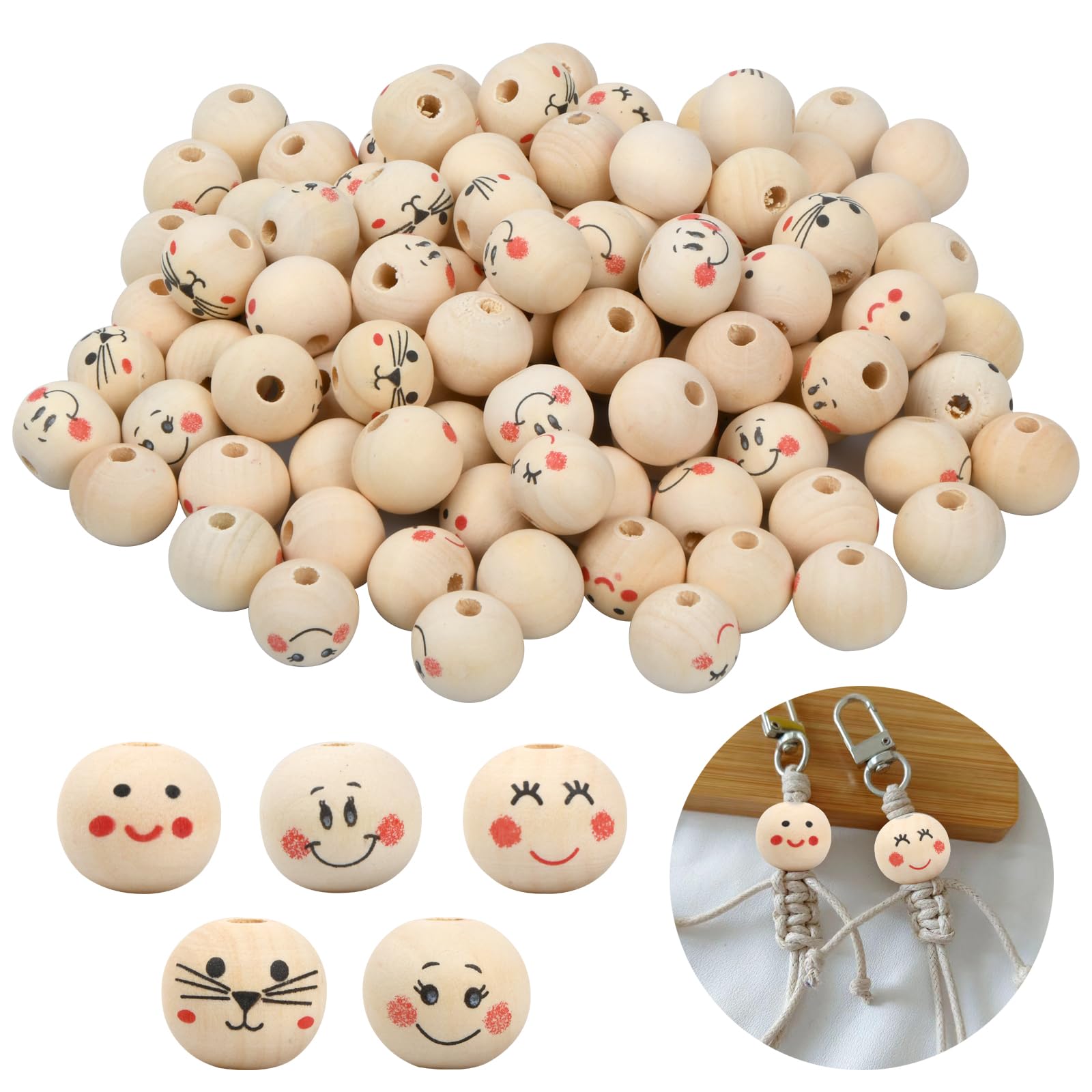 Wisebom 100 Pcs Smile Face Wood Beads 5 Styles Cute Expression Wooden Beads with 5mm Hole Round Emoji Beads with 10m Jute Rope for DIY Crafts Bracelet Necklace Jewelry Making