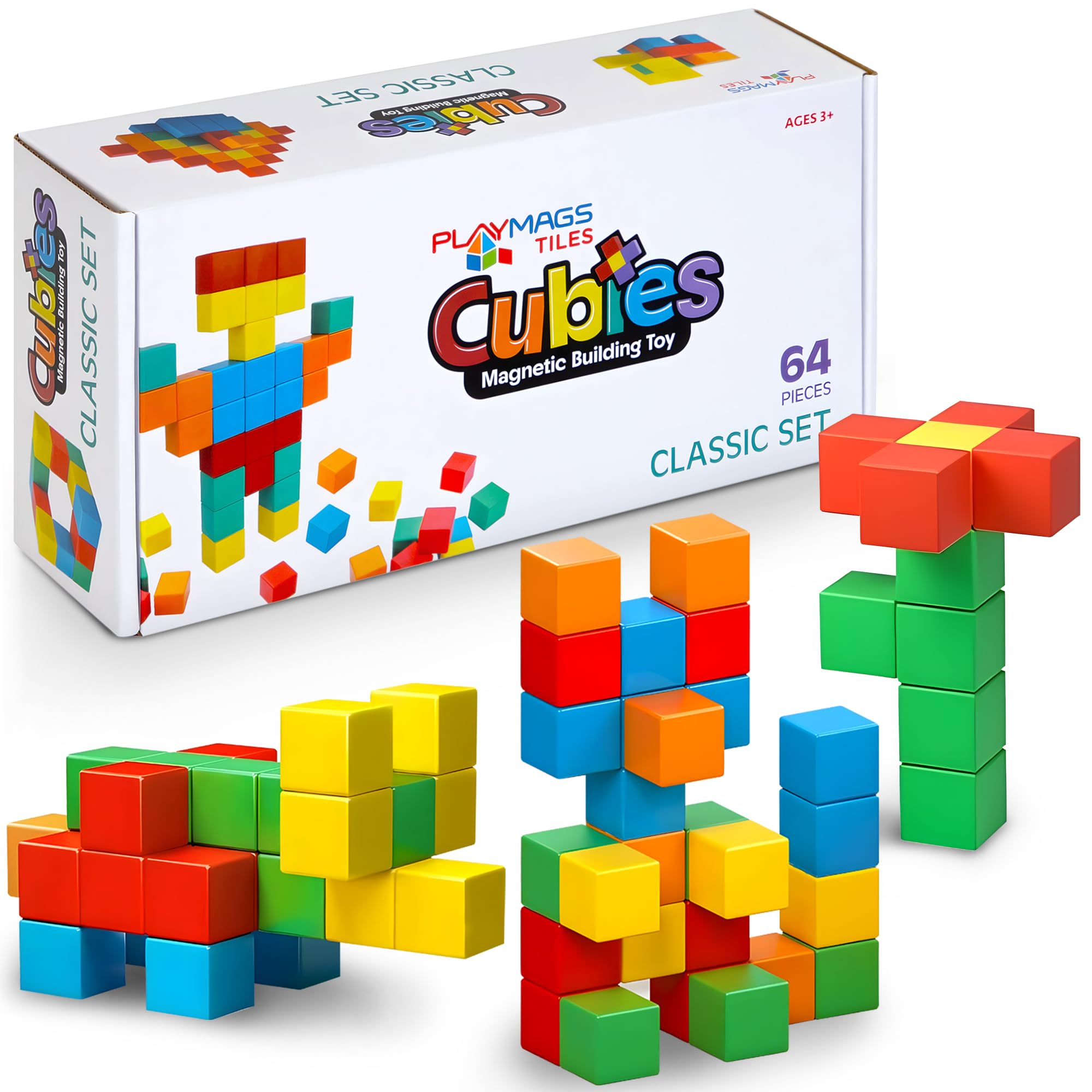 Playmags Magnetic Blocks Building Toy, 64pc Magnet Cubes STEM Toys for Toddler & Kids, Preschool, Educational Sensory Construction Block Toy for Boys & Girls