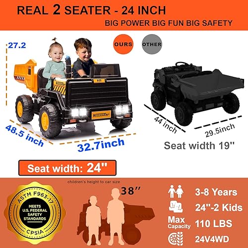 Miniatura 4 de Kidsera Camión volquete de 24 V, auto de 24 pulgadas y 2 plazas para niños con control remoto 4WD2WD hasta 5 mph, juguetes de paseo de 24 V para