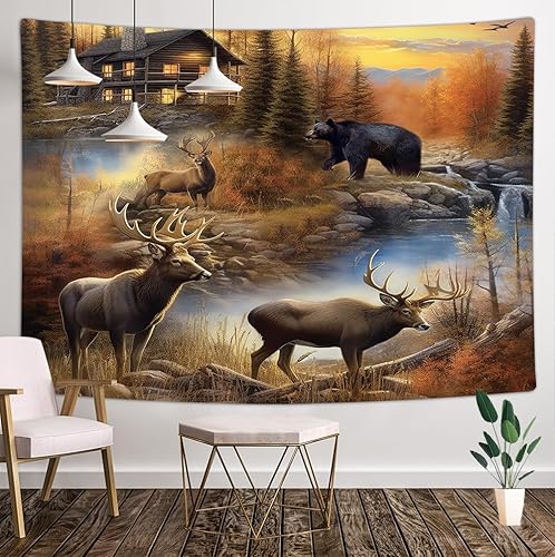 Vista 2 de Xguatan Tapiz de cabaña rústica de granja, oso alce, cabaña, bosque, lago, casa rodante, tapiz para dormitorio, sala de estar, dormitorio, paneles
