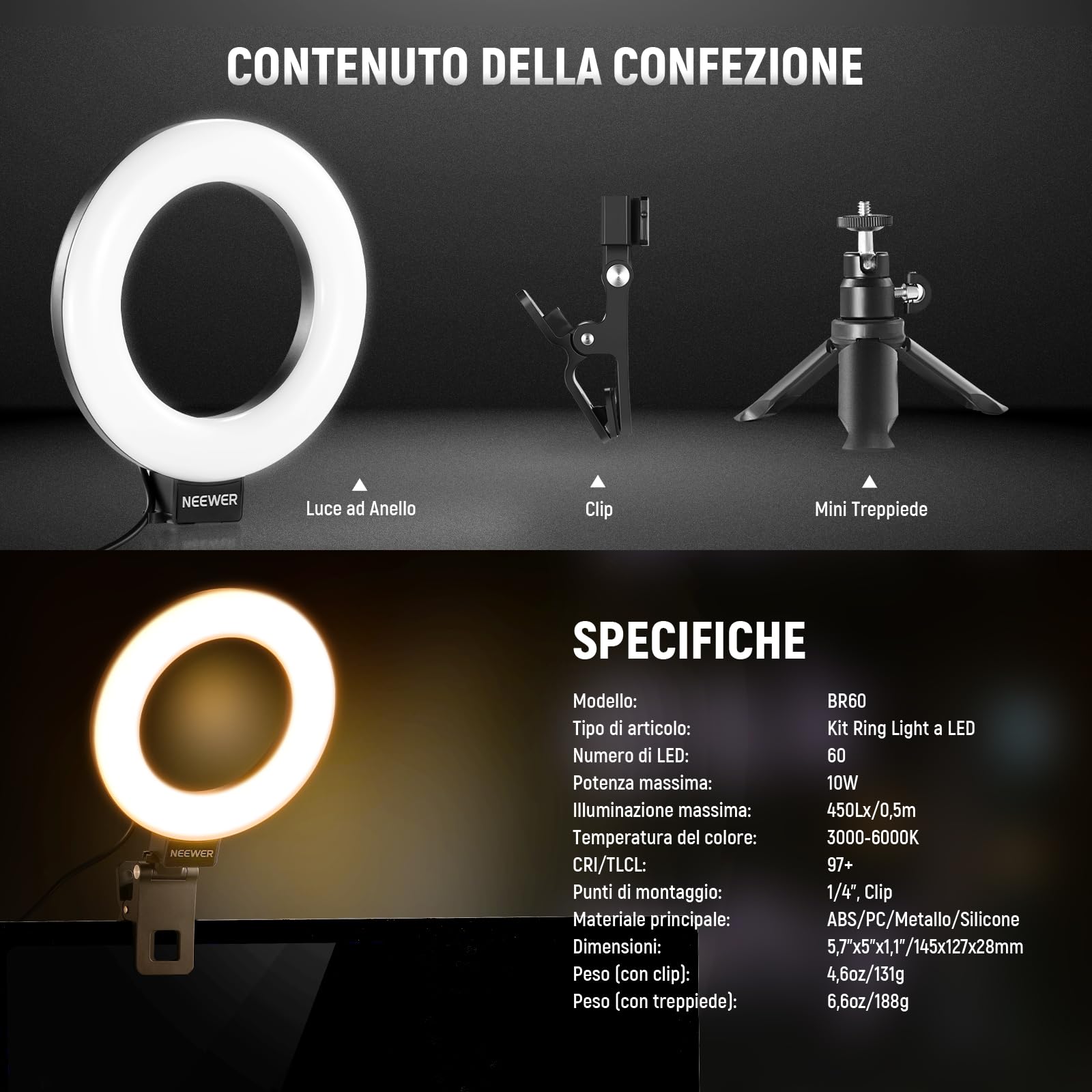 NEEWER BASICS 5" Ring Light con Mini Treppiede per Videoconferenza da Scrivania, Kit Streaming con Clip per Monitor Webcam Computer Laptop Trucco Selfie Registrazione Video, Panno da Pulizia, BR60