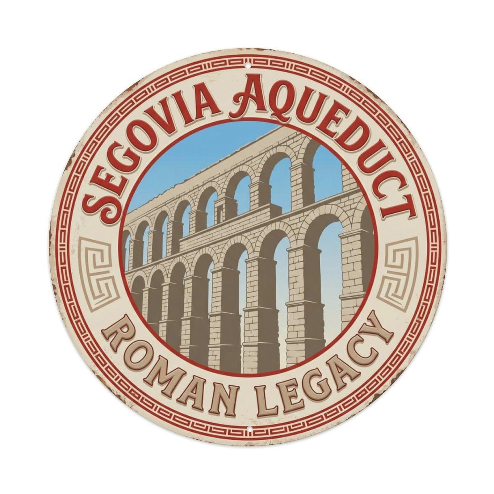 Aqueduct Roman Legacy Spain Structure Metal Tin Sign Plaque Wall Decor for Cafe, Club Bar, Office, Home Garden Round Metal Poster 8x8Inch