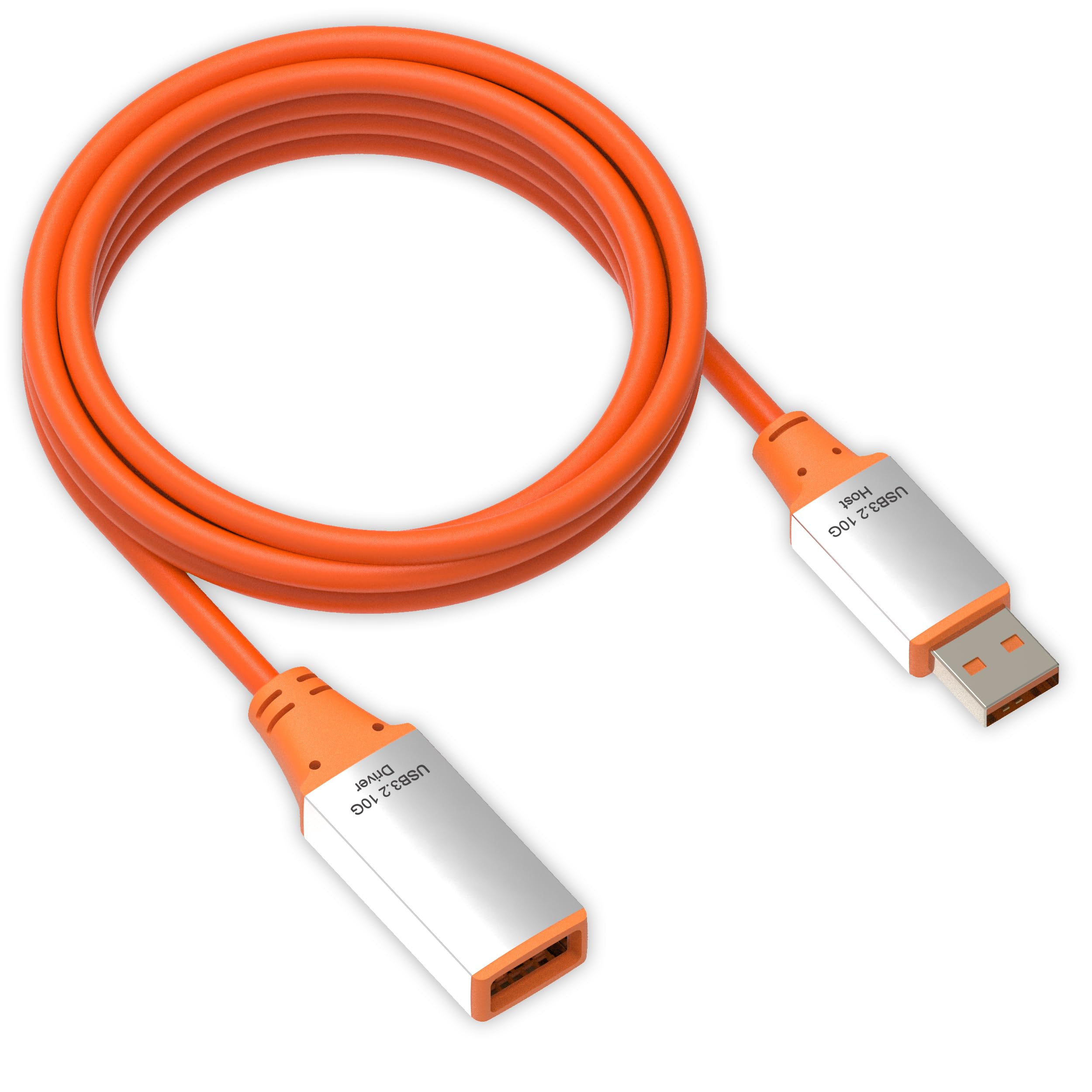 OkyLink 3M Aktywny kabel przedłużający USB 3.2 Gen 2 z wbudowanym wzmacniaczem sygnału – 10 Gbps, pomarańczowy kabel i biała obudowa aluminiowa