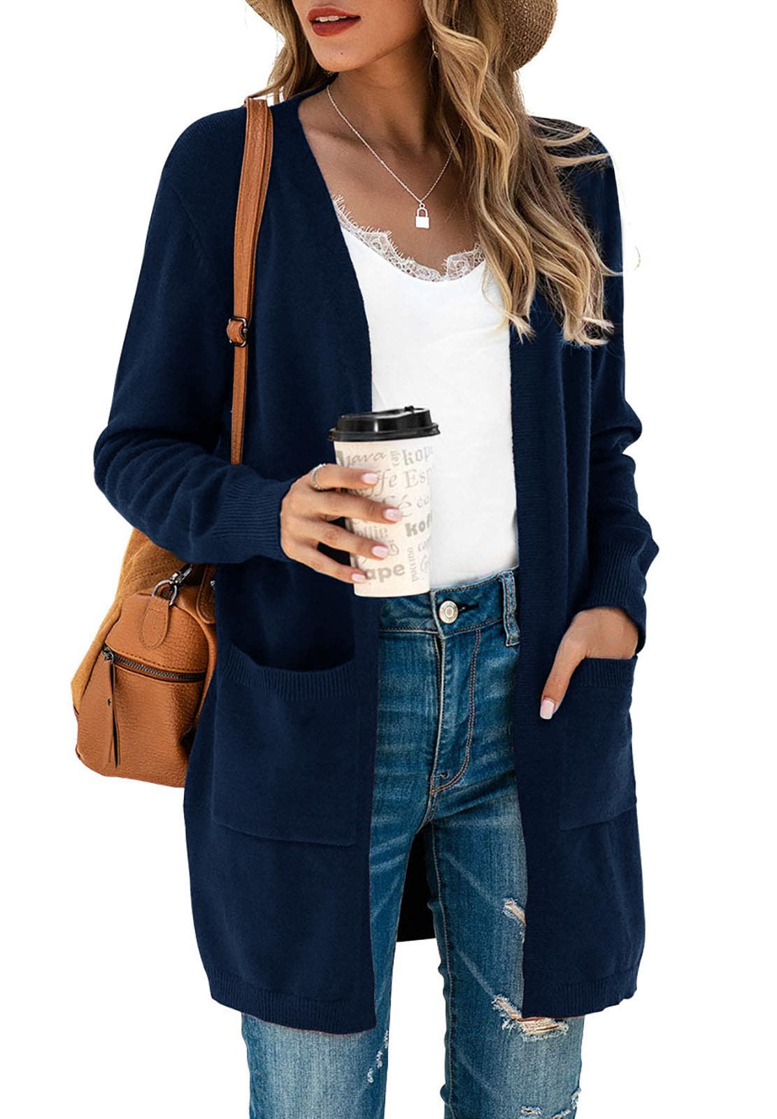 Saodimallsu Strickjacke Damen Lang Leicht Cardigan Langarm Open Front Strickpullover Einfarbig Freizeit Strickmantel Outerwear mit Tasche