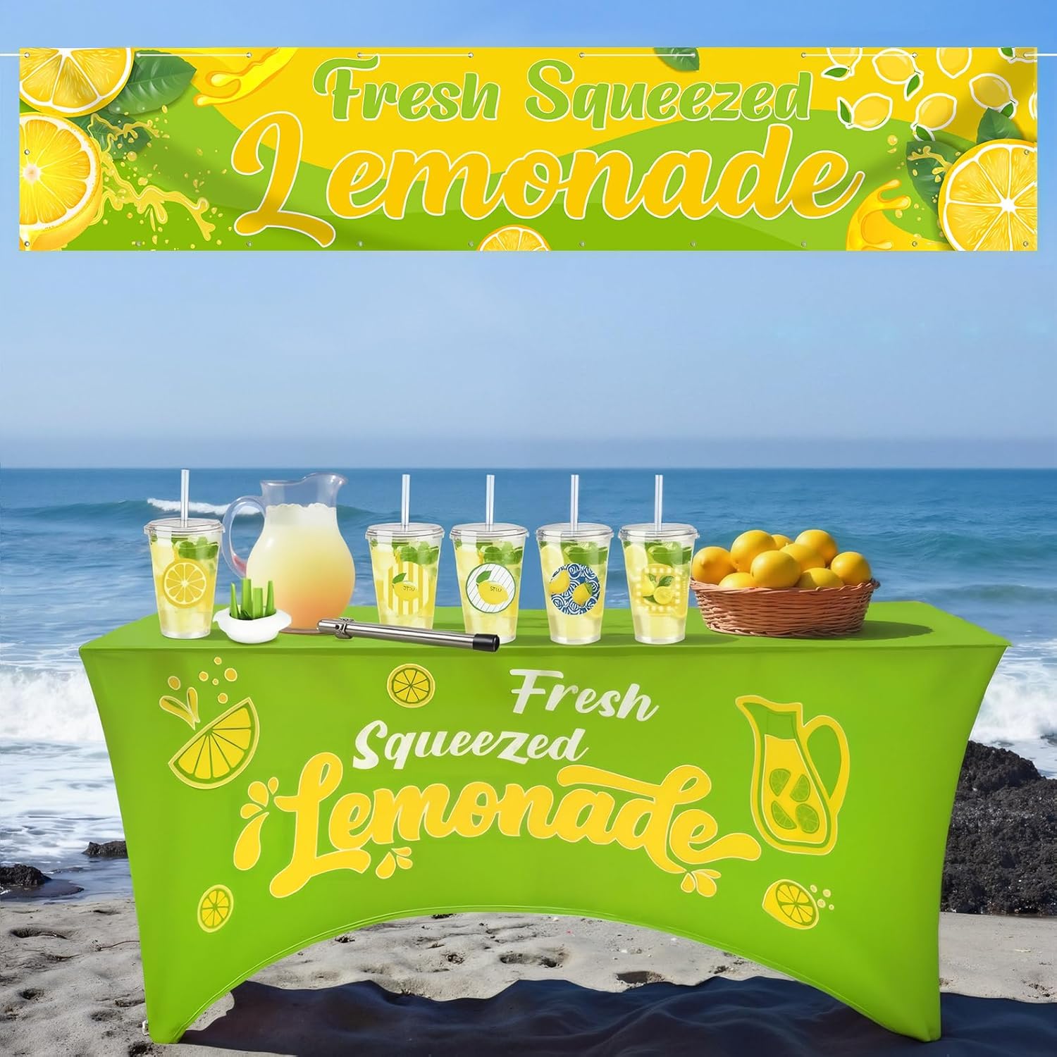 Moukeren Green 6 ft Lemonade Stand Tablecloth Stretch Spandex Table Cover and 2 x 10 ft Lemonade Sign Vinyl Banner Fresh Squeezed Lemon Stand Supplies Lemon Flag Party Table Cloths