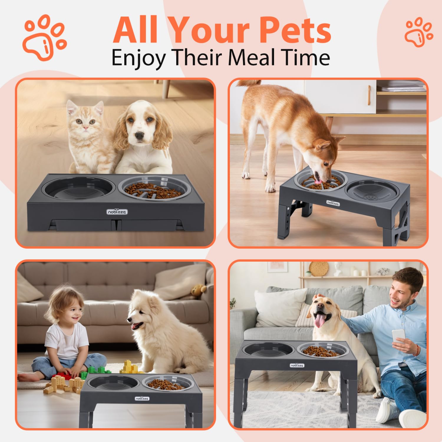 Nobleza Comedero Perro Elevado 5 Alturas Ajustables (7,5-31 cm), Incluye Cuenco Acero Inoxidable 1100ml, Comedero Perro Antivoracidad y Bebedero Antisalpicaduras 800ml, Antideslizante, Gris