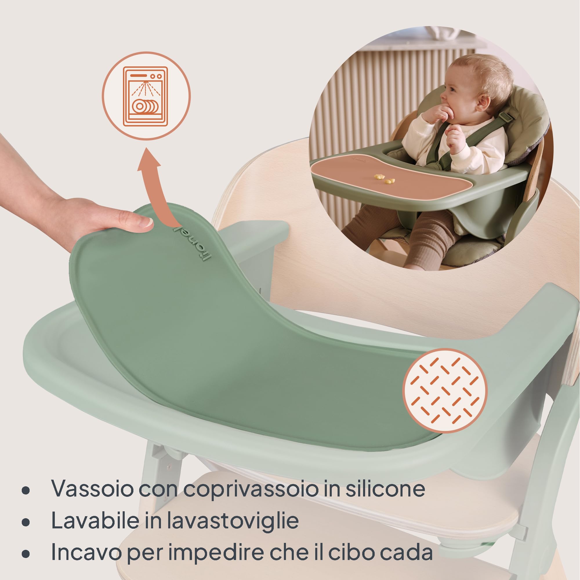 LIONELO Seggiolone Pappa in Legno Megan, Cresce con il Bambino da 6 Mesi a 110 kg, Poggiapiedi regolabile, Cinture di sicurezza a 5 punti, Cuscino per Seduta, Pulizia facile (Legno Verde)