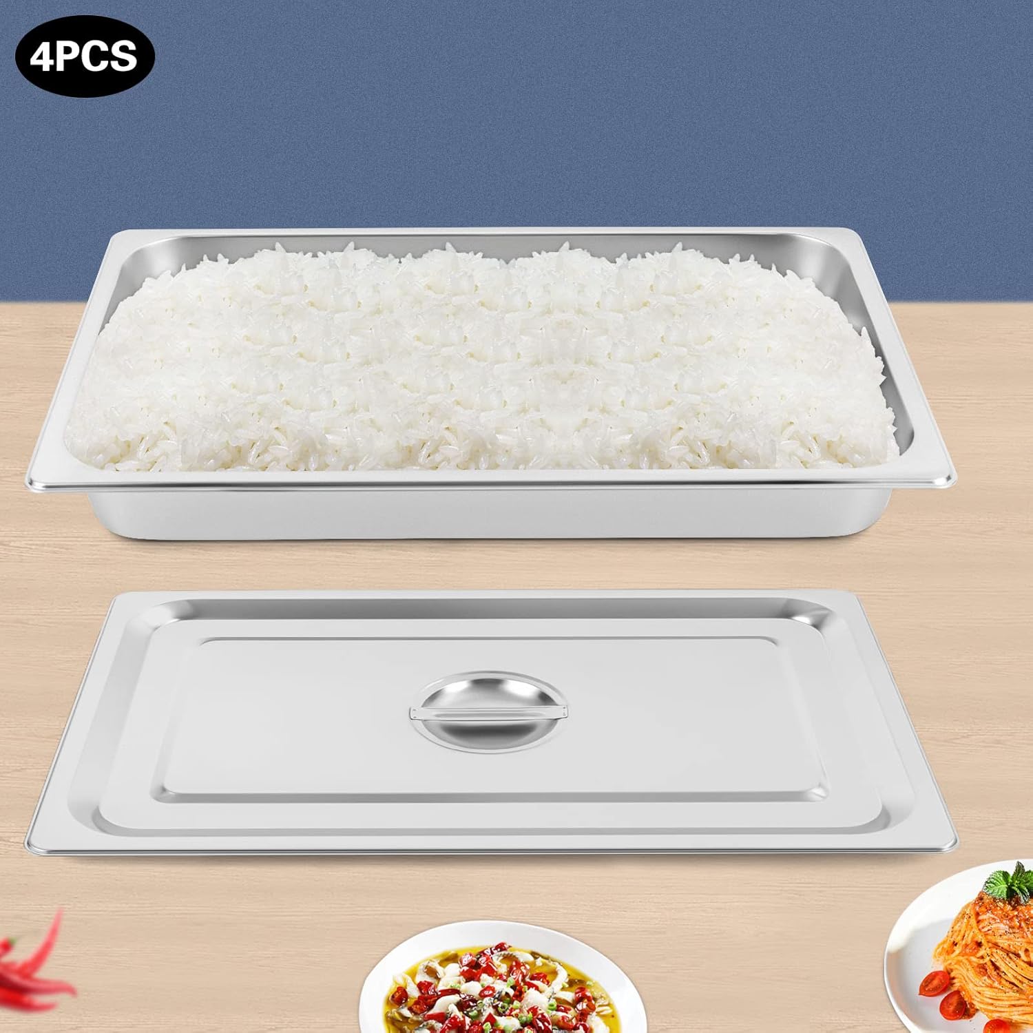 4 Pack Commercial Stainless Steel Hotel Pans, Stackable Steam Table Pans Food Containers Serving Tray for Catering Restaurant Buffet Event, 21.26x12.6x2.56 Inch (2.56in Tall)