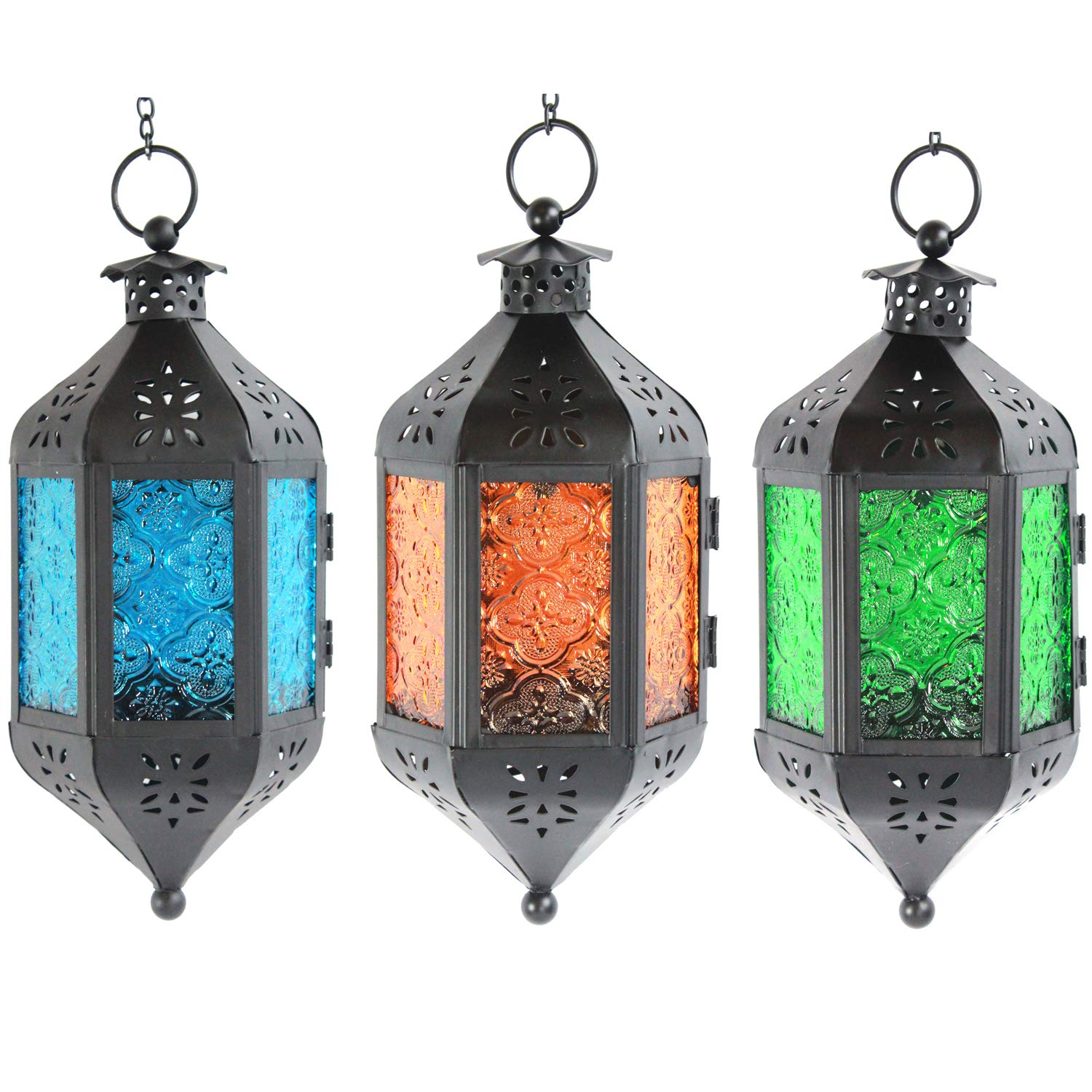 Vela LanternsDecorative Hanging Candle for Patio Decor, Blue/Amber/Green, Set of 3