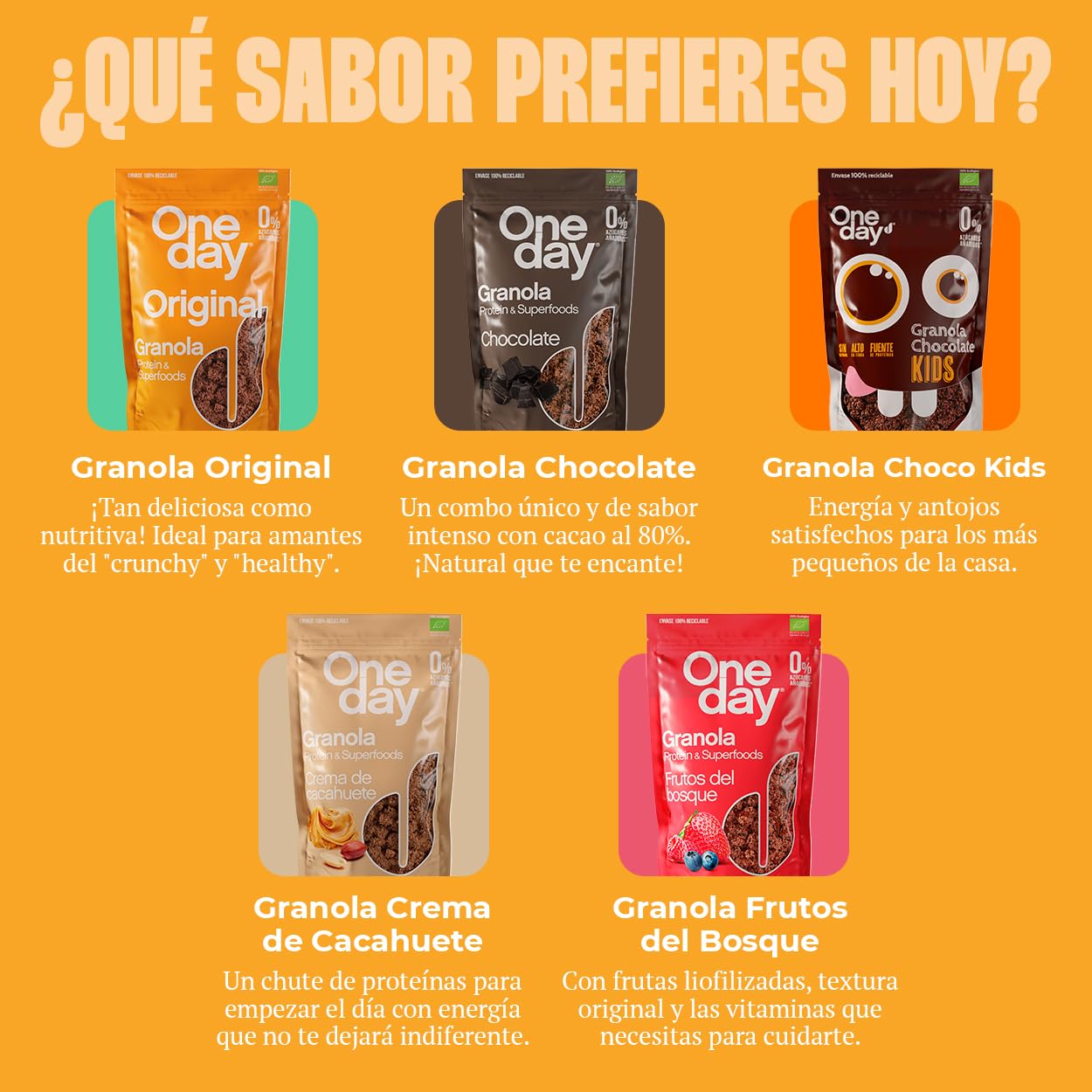 ONE DAY Granola Ecologica, Sin Azucares Añadidos, Alto en Proteína con Superfoods, Altro en Fibra, Pack 6 x 300g (Original, Pack 6 unidades)