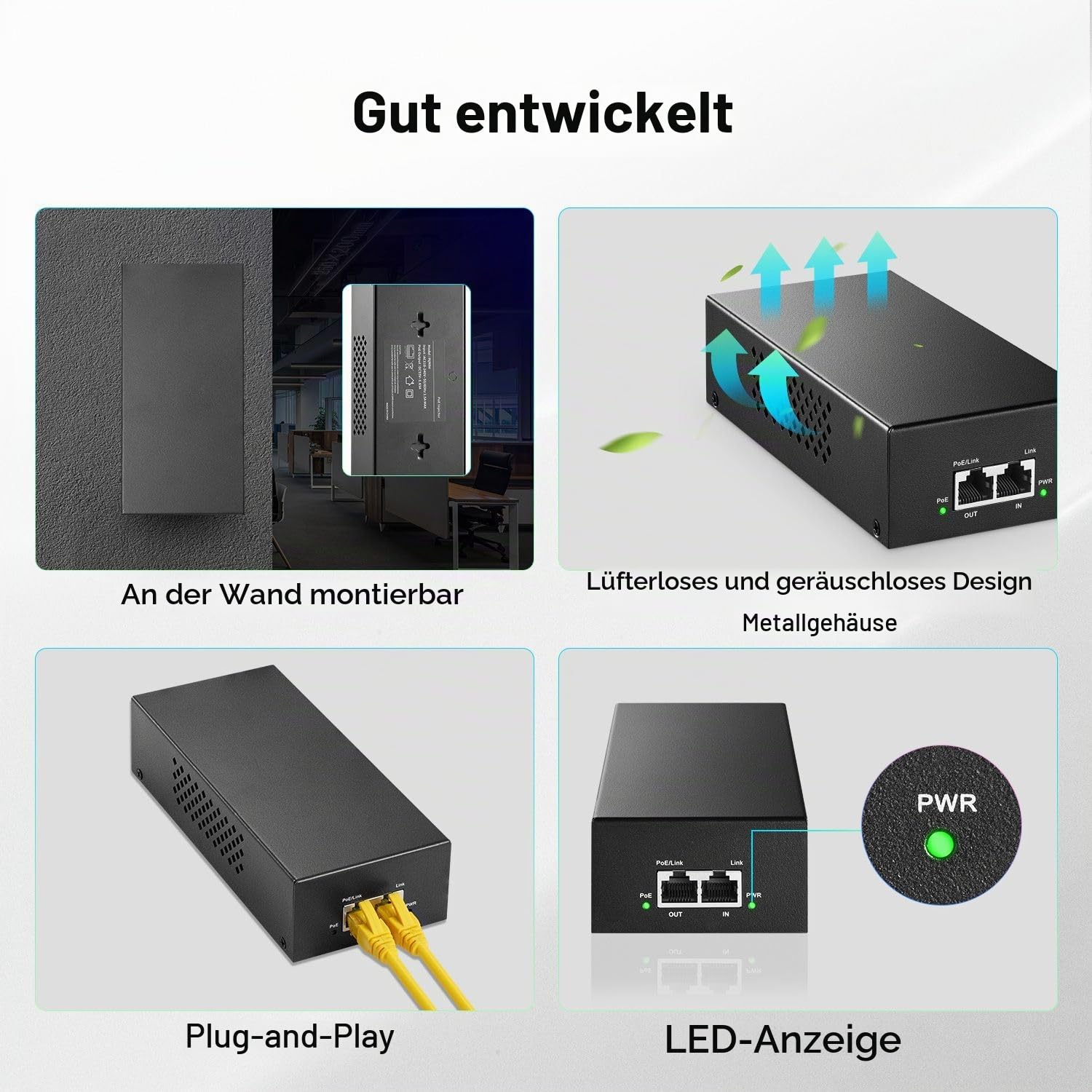 YuLinca 2.5 Gigabit PoE+ Injector, 802.3af/at/bt 90W Power Over Ethernet PoE Adapter, 100/1000/2500Mbps, Nicht-PoE zu PoE Adapter, Plug & Play, Entfernung bis zu 100 Meter (328 ft.)
