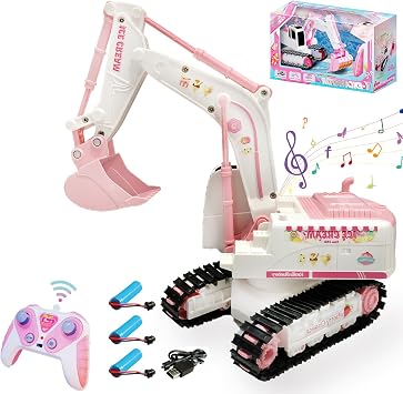 Pink RC Excavator, 6 Channel 2.4Ghz RC Construction Vehicle,124 Scale Pink Excavator Toy with 360 Rotation, Light Sound and DIY Stickers Birthday Gift for Teens Adults 3 Battery