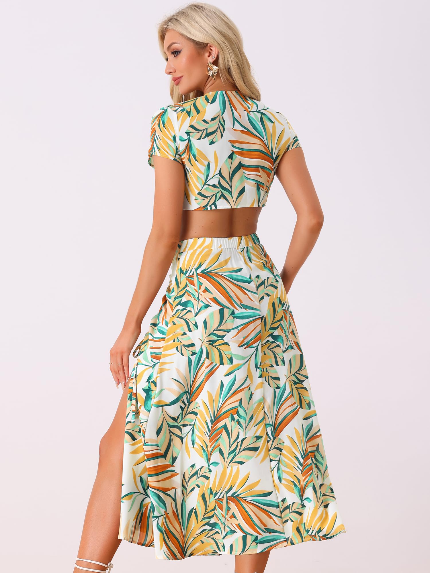 Allegra K Donna Set Top Corto a Fasciare e Gonna Maxi Hawaiana Arricciata | Fascia Elastica in Vita Stampa Floreale Spiaggia Viaggio Weekend Sandali Stile Chic Gonna Arricciata e Crop Top