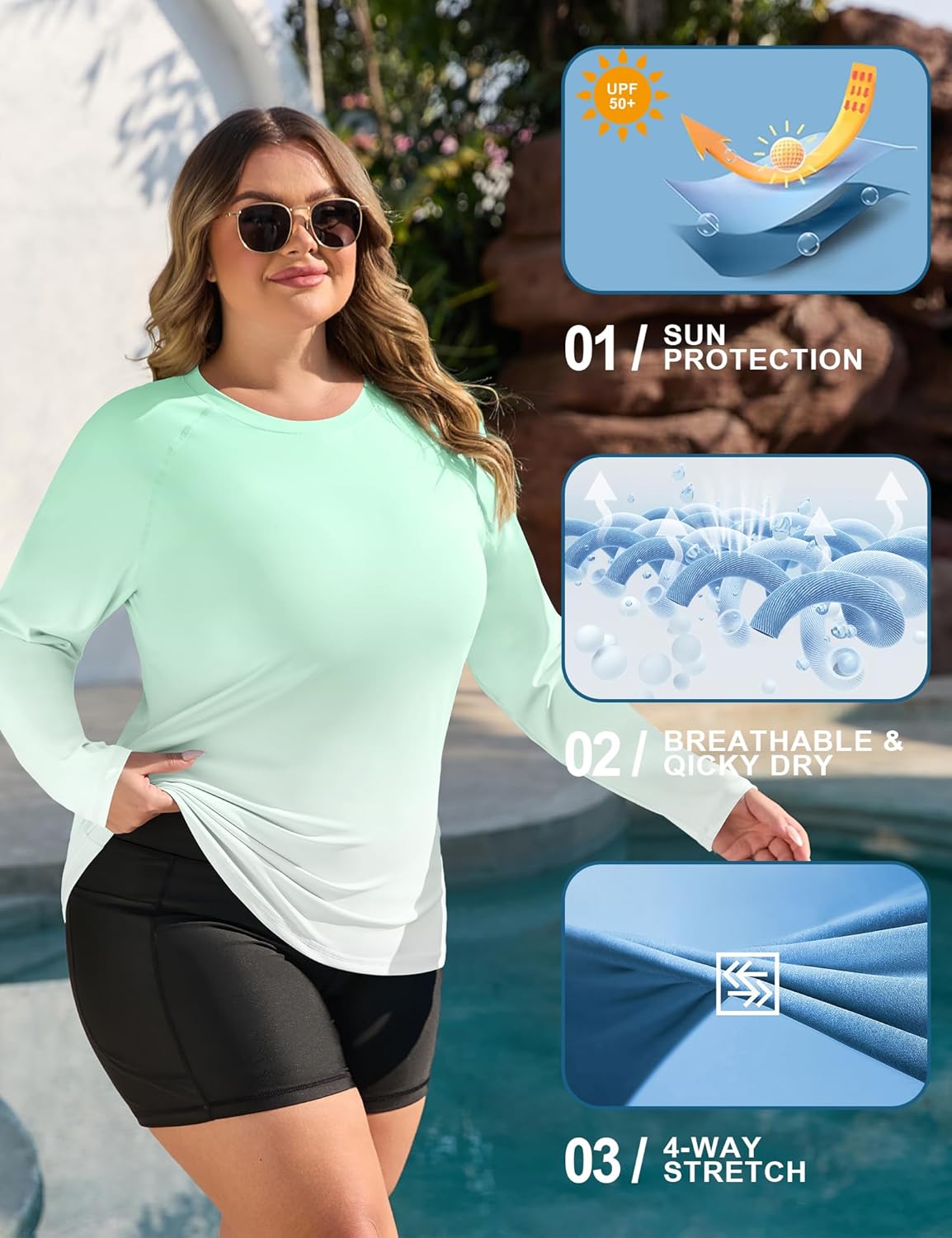 COOTRY Women's Plus Size UPF 50+ Sun Shirts Long Sleeve Workout Hiking Tops UV Protection Rash Guard Quick Dry Swim Shirt - Image 4