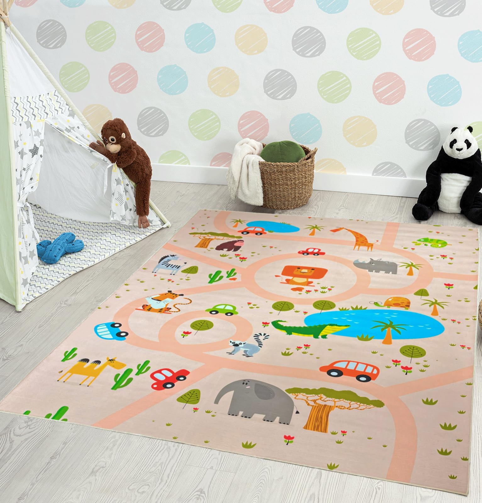 the carpet Happy Life - Habitación Infantil, Alfombra Infantil, Alfombra de Juego, Lavable, Alfombra de Calles, Selva, Animales, Coche, Beige, 140 x 200 cm