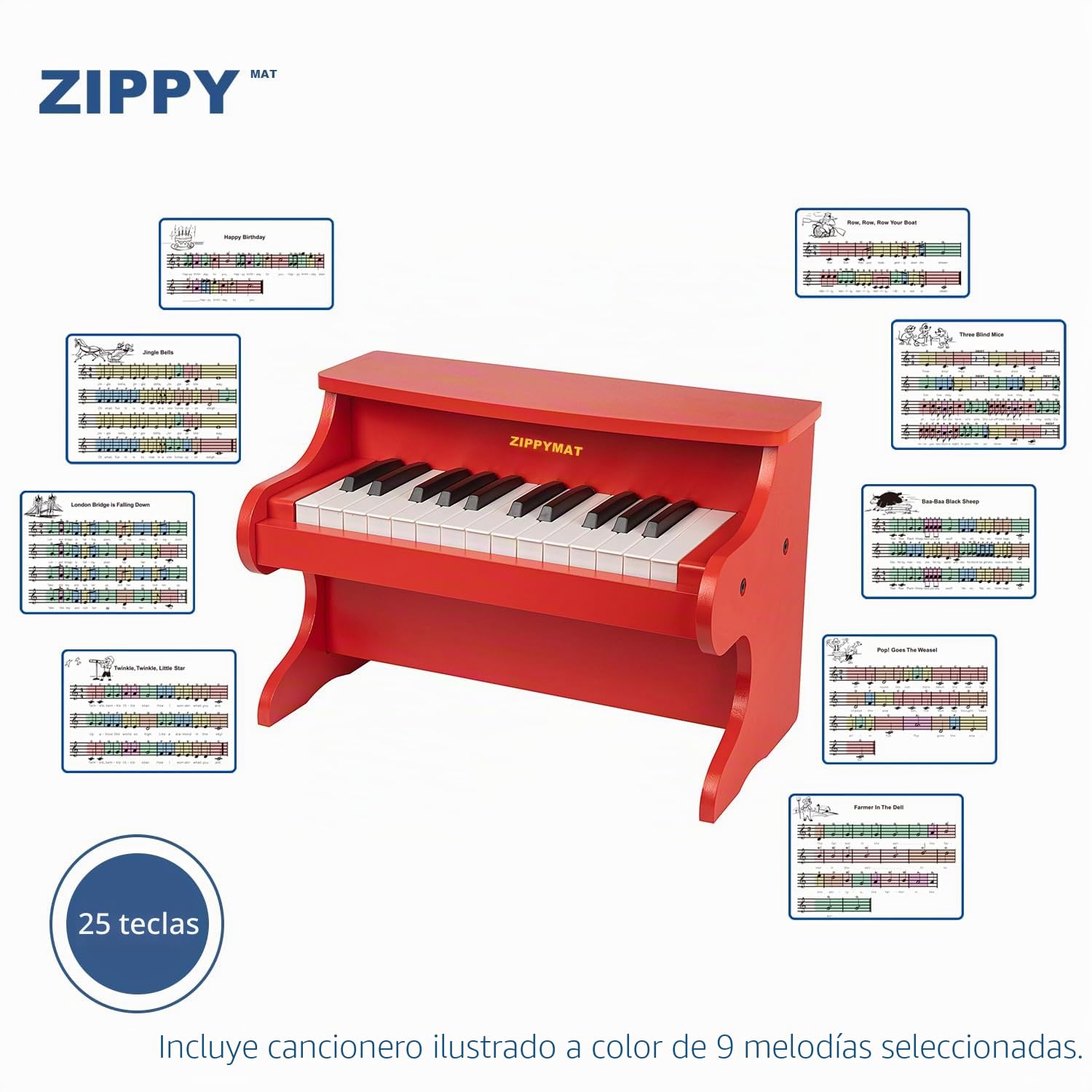 Teclado Digital para Niños - 25 Teclas, Mini Instrumento Musical Educativo, Piano de Madera para Pequeños y Niñas (Rojo)