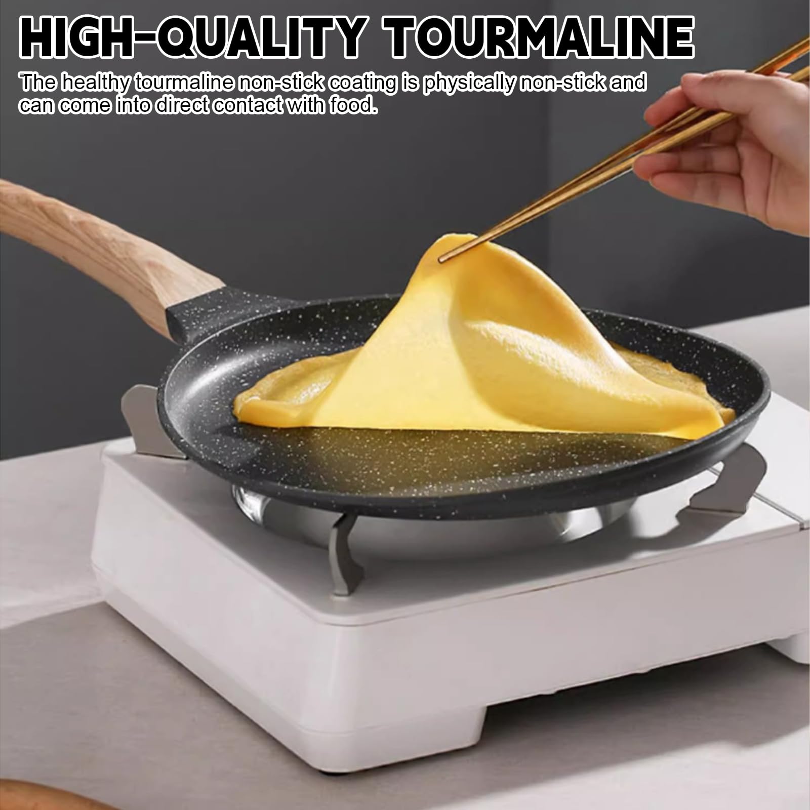 VEGOATY Crepe - Padella per pancake, 26 cm, con manico in bachelite, rivestimento antiaderente in granito da 26 cm, adatta per piani cottura a induzione, elettrici, in ceramica e a gas (grigio)