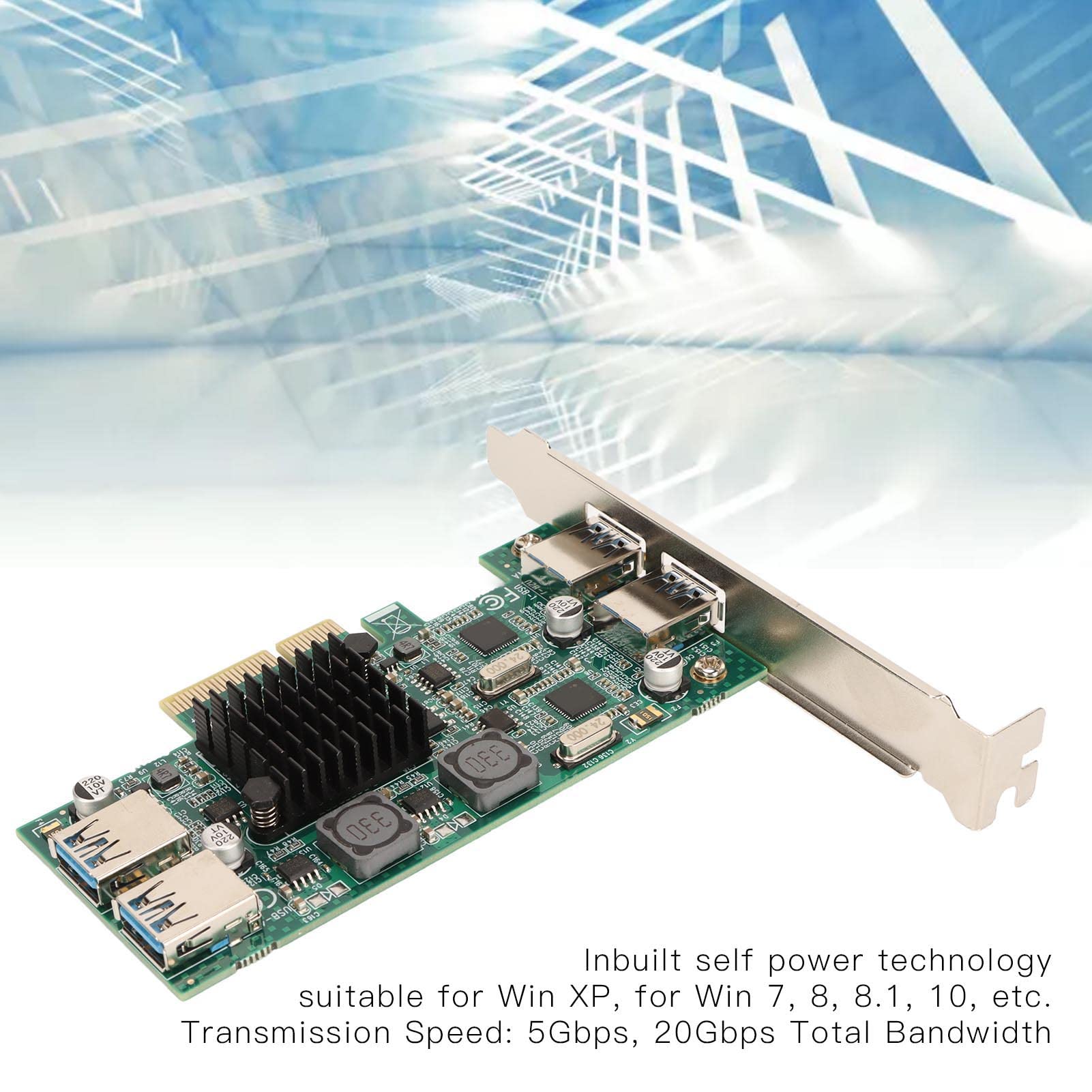 Septpenta Carte D'extension USB 3.0 PCIE, 4 Ports USB 3.0 20 Gbps, Technologie Auto Alimentée, Convient à Tous Les Périphériques D'interface USB, Convient pour Win XP, Win 7, 8, 8.1, 10