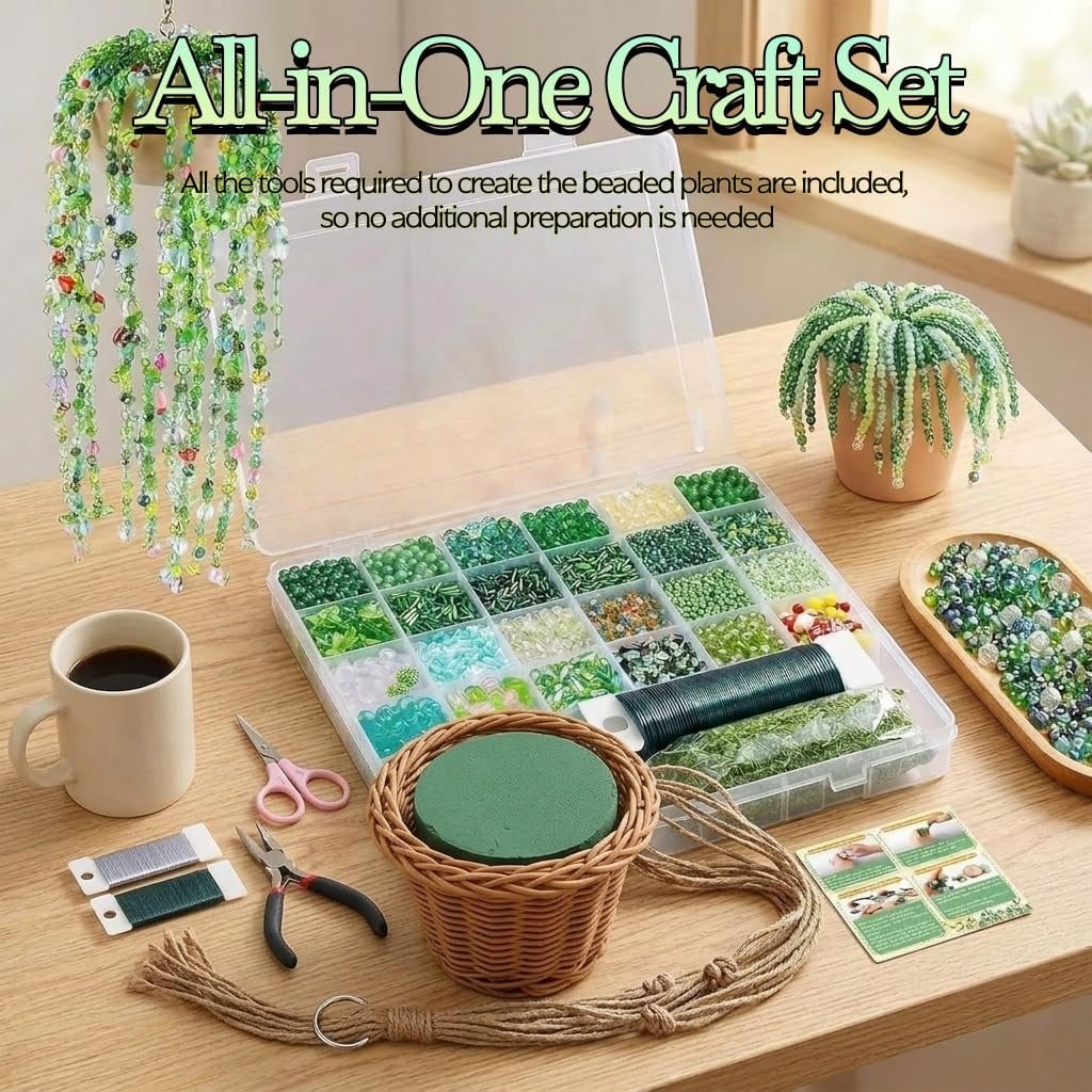 5500 PCS DIY Beaded Plant Kit, Green Glass Beads for Beaded Plants, Forever Plant, DIY Succulent, Gift with Pots and Moss (Set A)