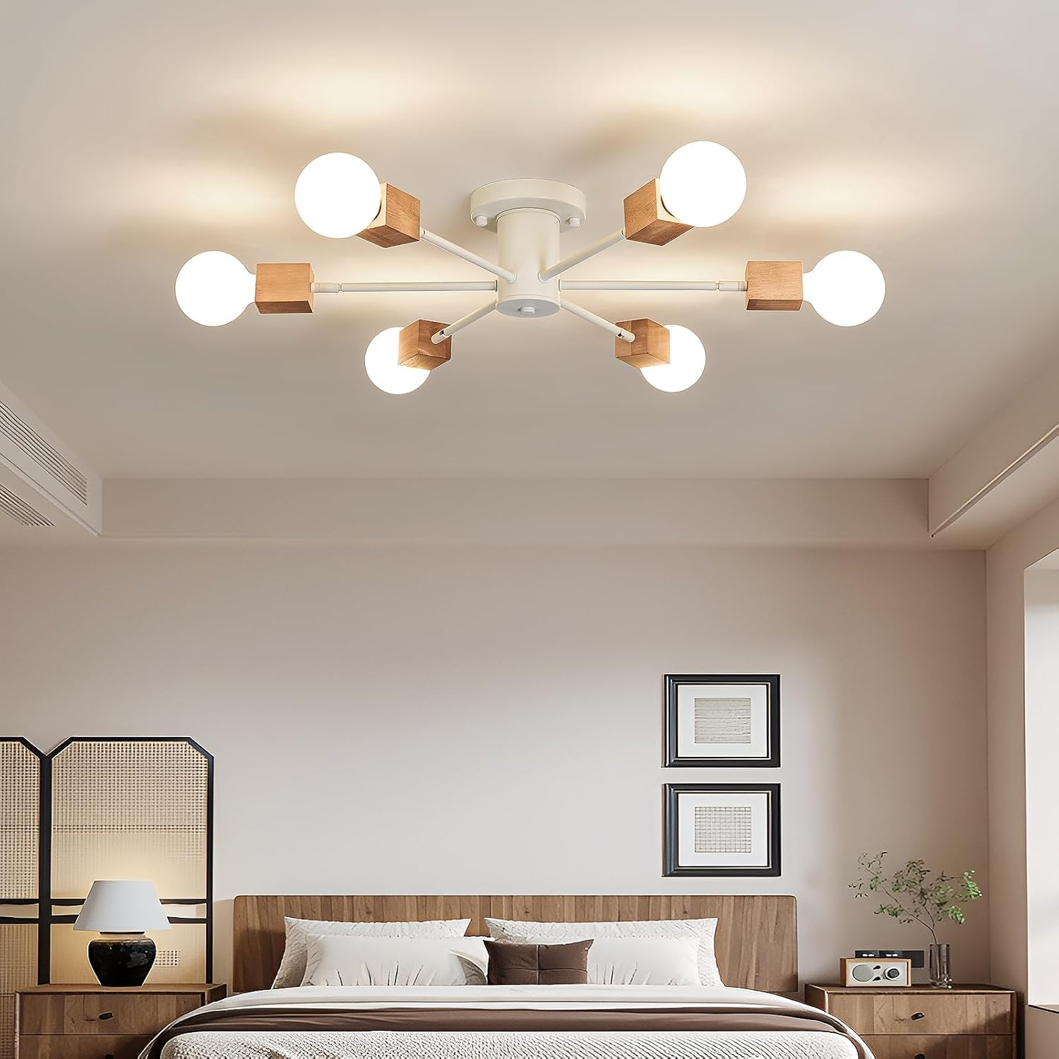 Boho 6-Light Sputnik Chandelier Semi Flush Mount Ceiling Light Fixture Farmhouse Wood and White Ceiling Lamp for Dining Room Living Room Bedroom Kitchen