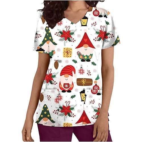 Stretchy Printed V-neck Scrub Tops for Women Cute Short Sleeve Working Uniform with Pockets Medical Nursing T Shirts