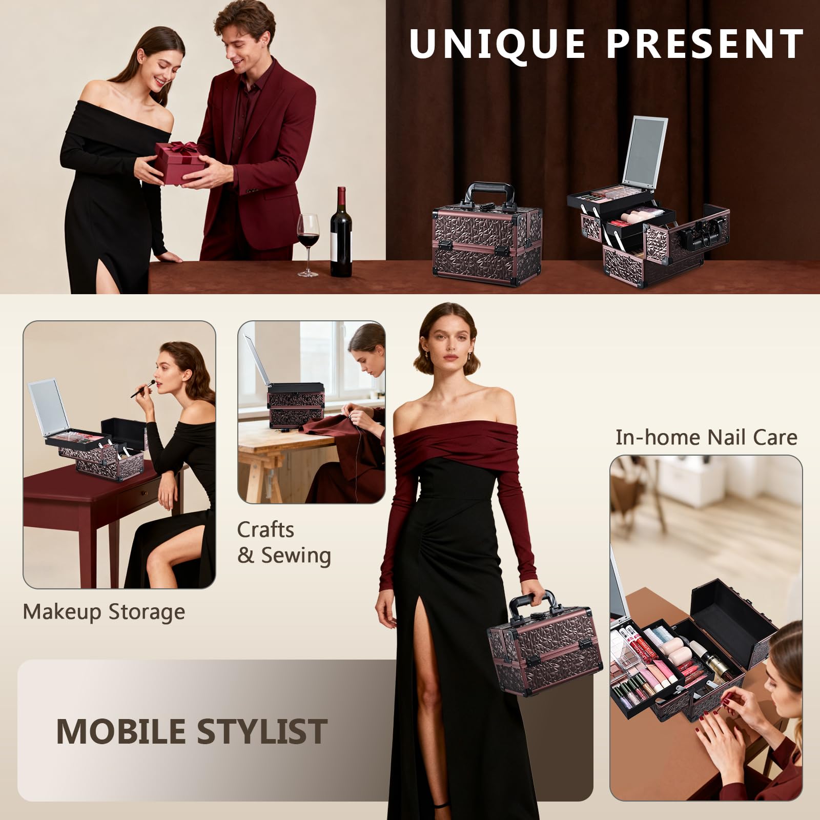 Joligrace Portable Makeup Train Case with Mirror and 2-Tier Trays